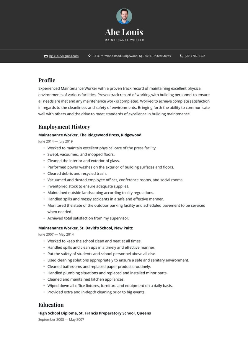 Free Sample Resume for Building Maintenance Maintenance Worker Resume Example & Writing Guide Â· Resume.io