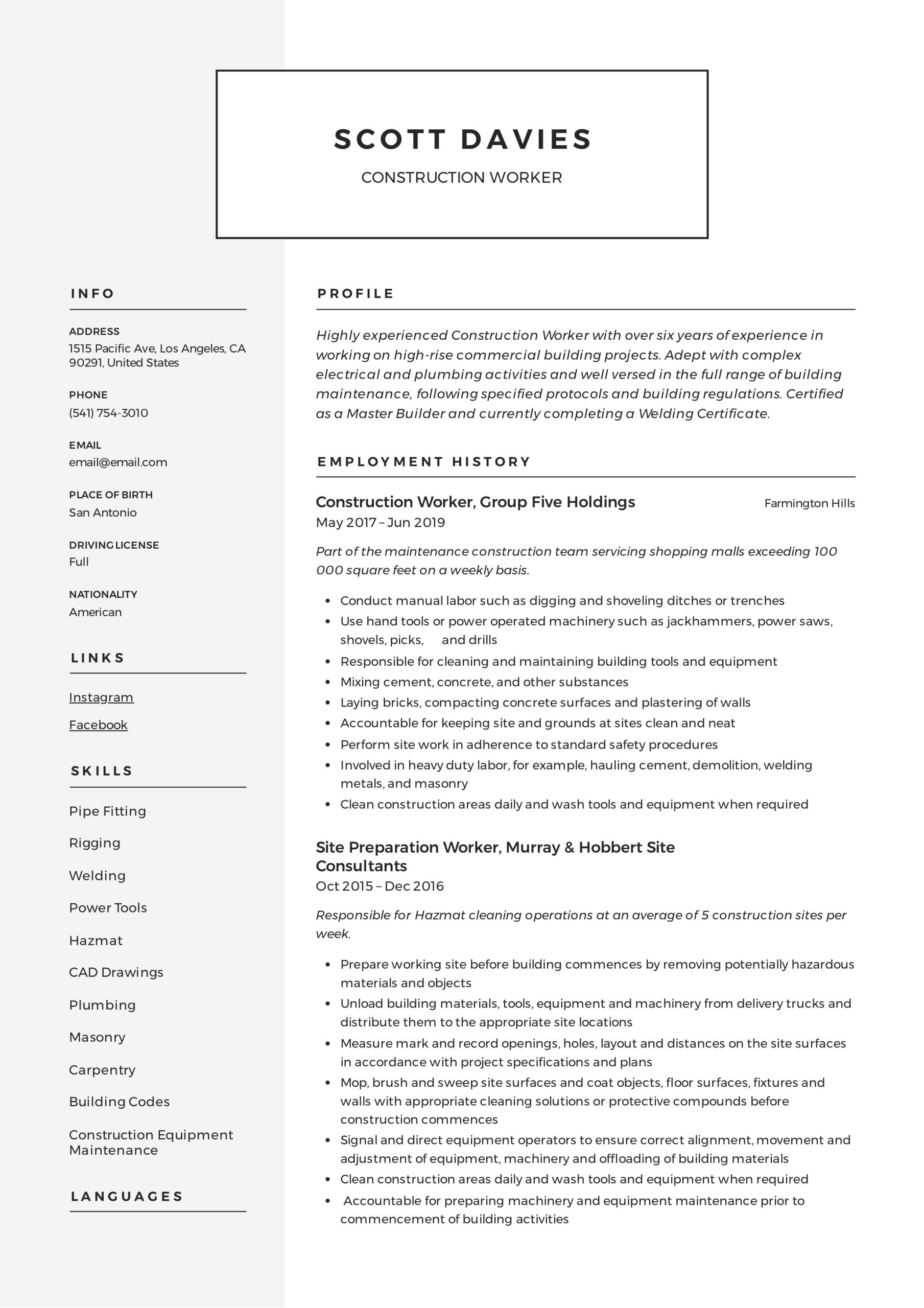 Free Sample Resume for Building Operator Construction Worker Resume & Writing Guide  12 Templates 2022