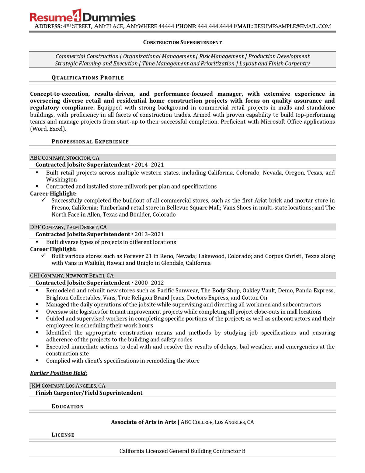Free Sample Resume for Building Superintendent Construction Superintendent Resume Example Resume4dummies