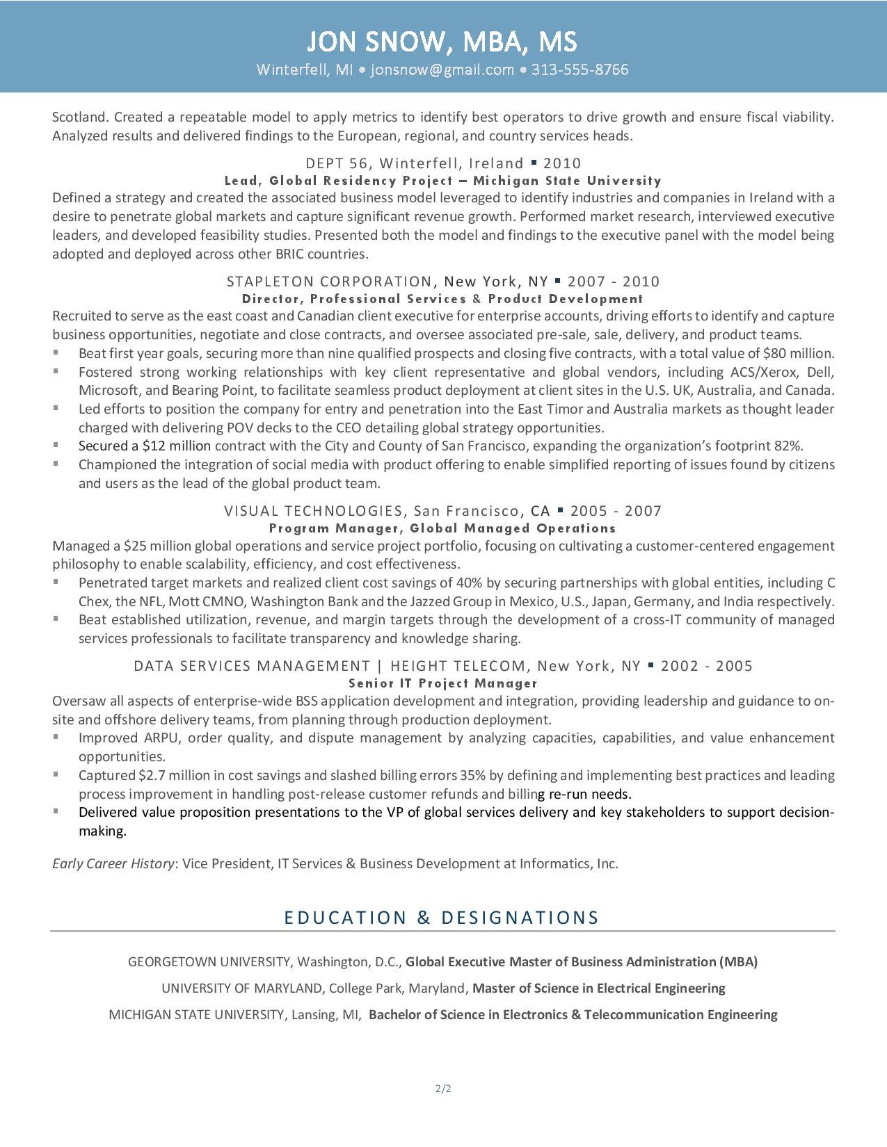 Georgetown University Career Center Sample Resume Samples – Executive Resume Services