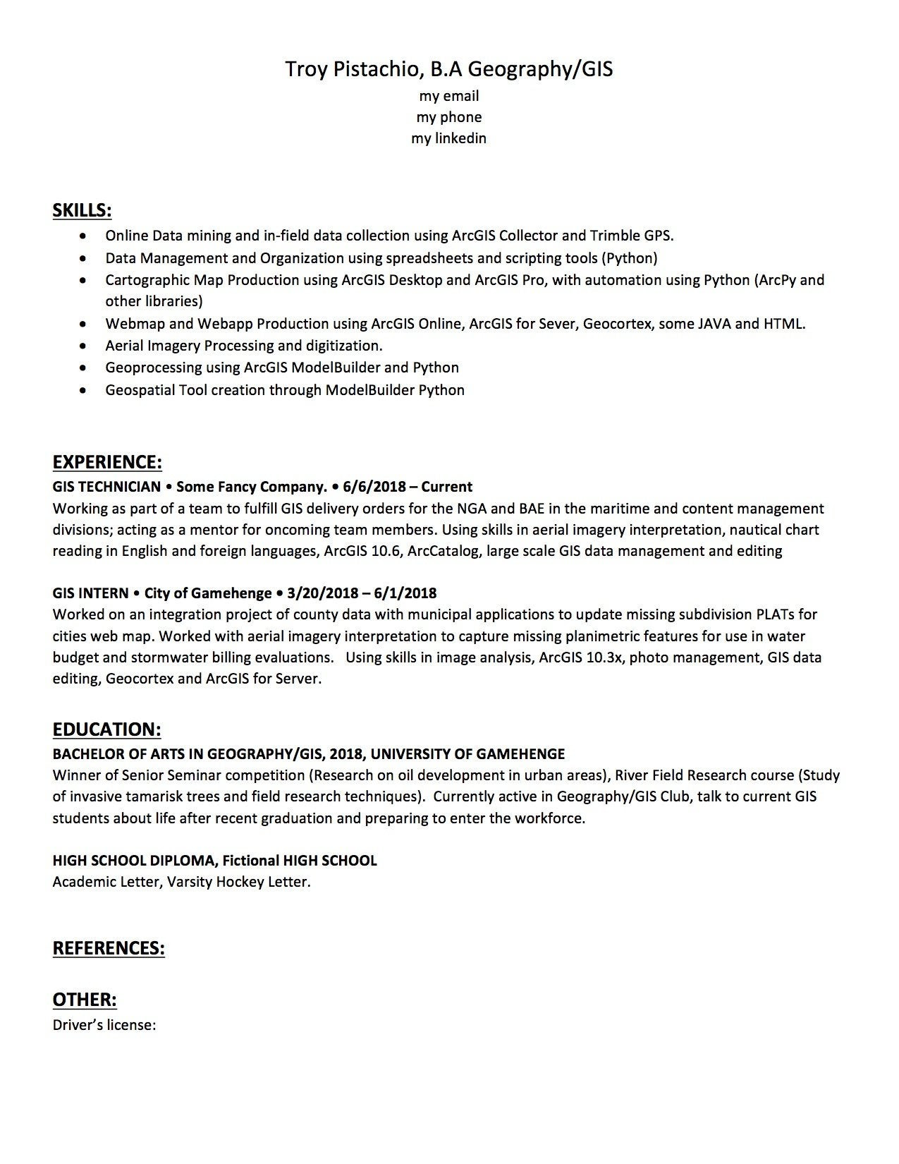 Gis Resume with No Experience Sample Gis Resume and Cover Letter Critique : R/gis