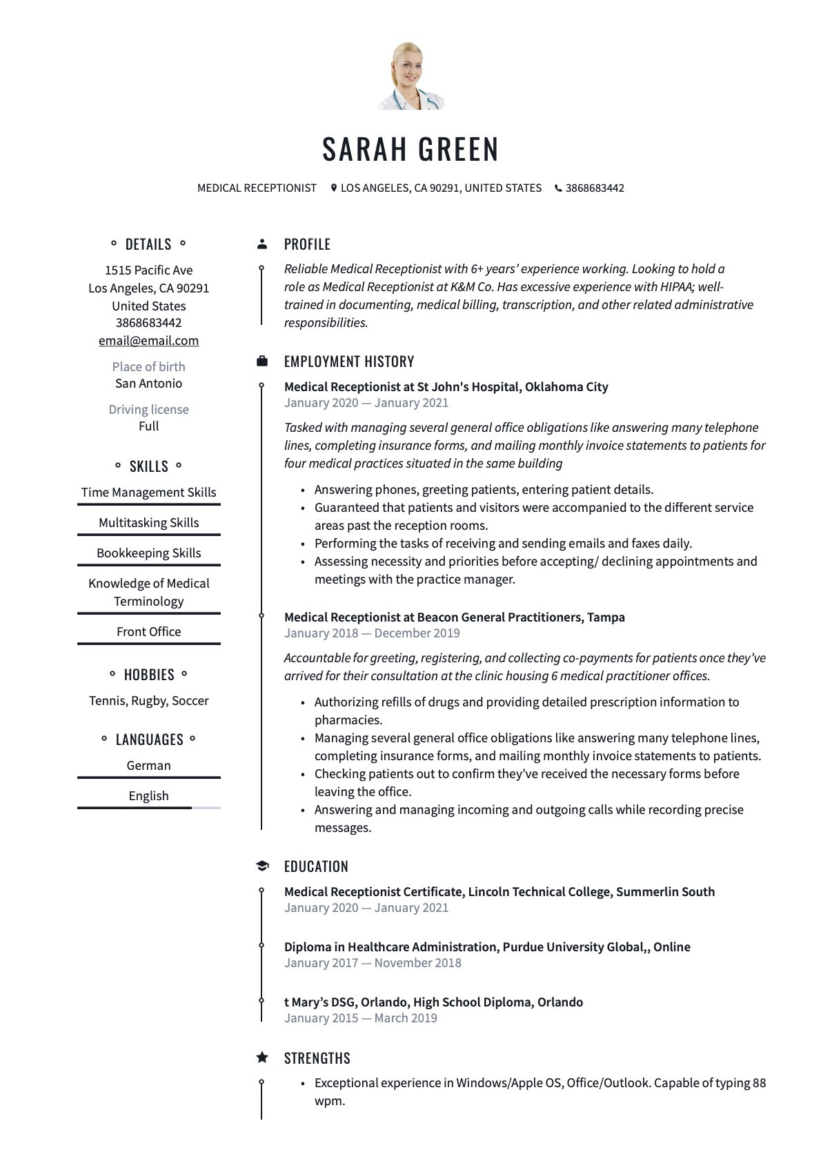 Global Health Volunteer Worker Resume Samples Medical Receptionist Resume & Guide  20 Examples