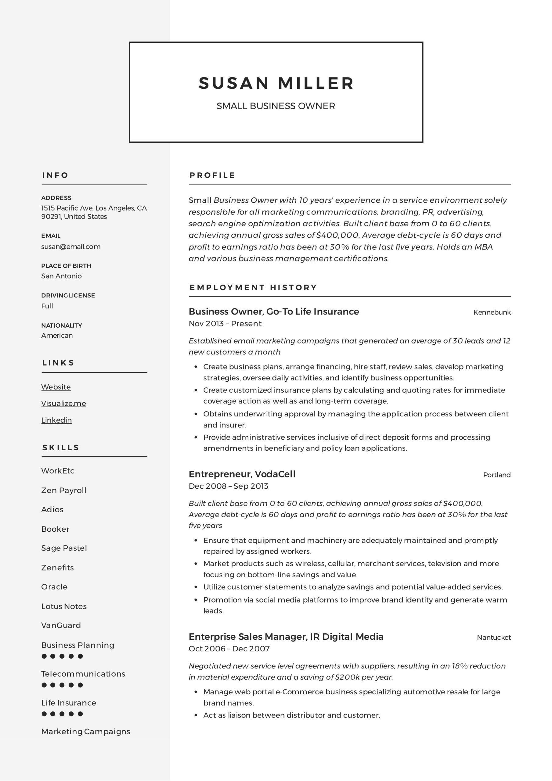 Ins Agent Agency Owner Resume Sample Small Business Owner Resumes  19 Examples Pdf 2022