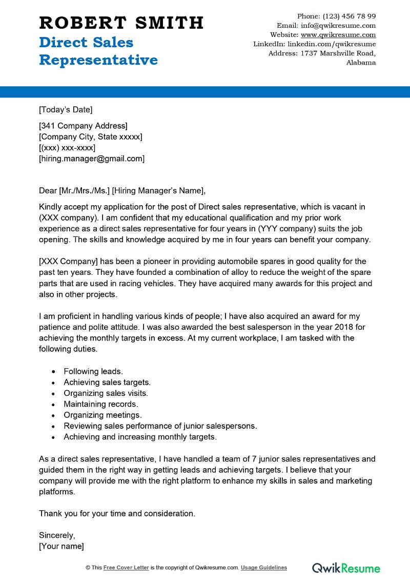 Inside Sales Direct Mail Sample Resume Direct Sales Representative Cover Letter Examples – Qwikresume