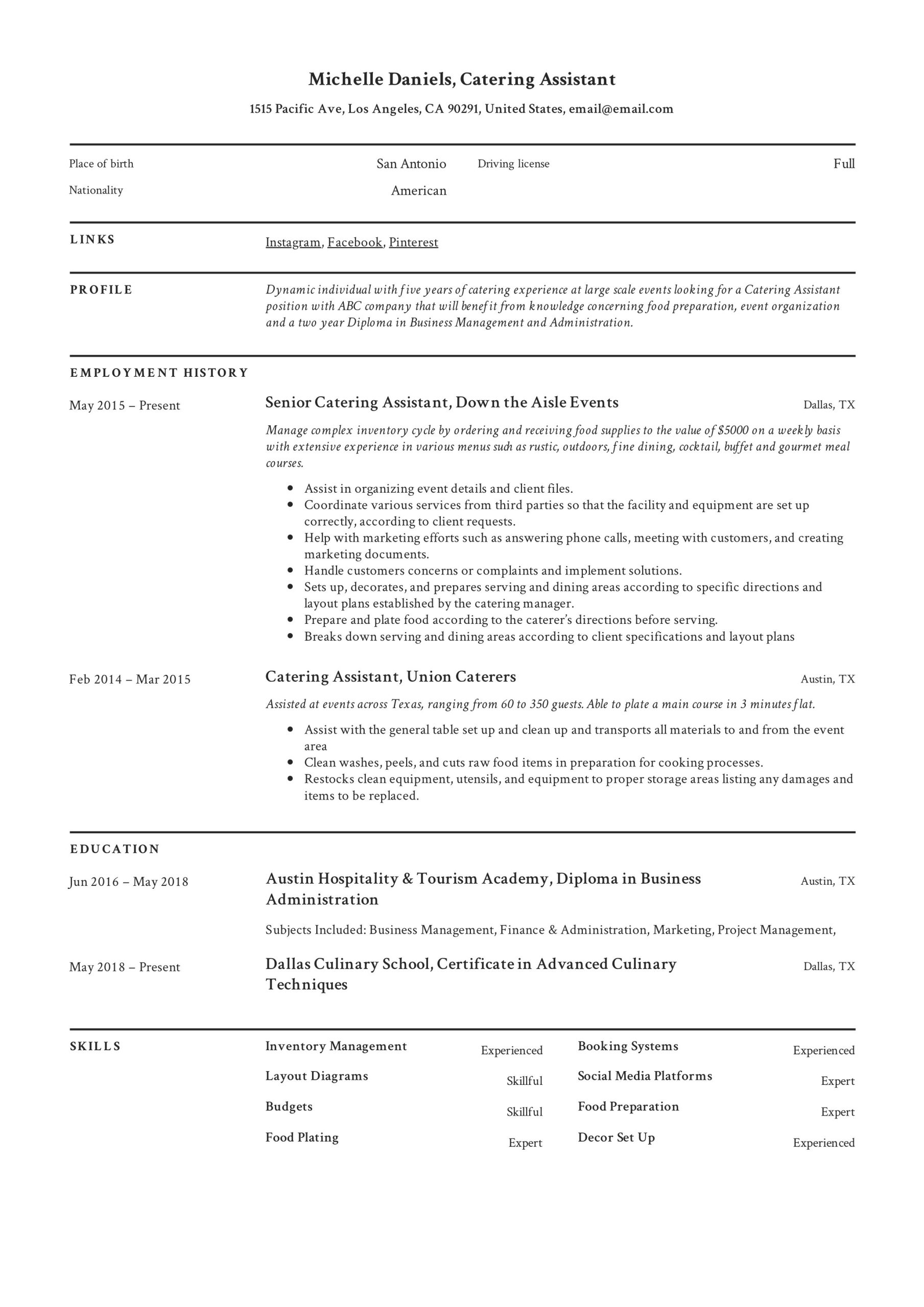 Institutional Food Service Worker Resume Sample Guide: Catering assistant Resume [   12 Samples ] Pdf & Word 2022