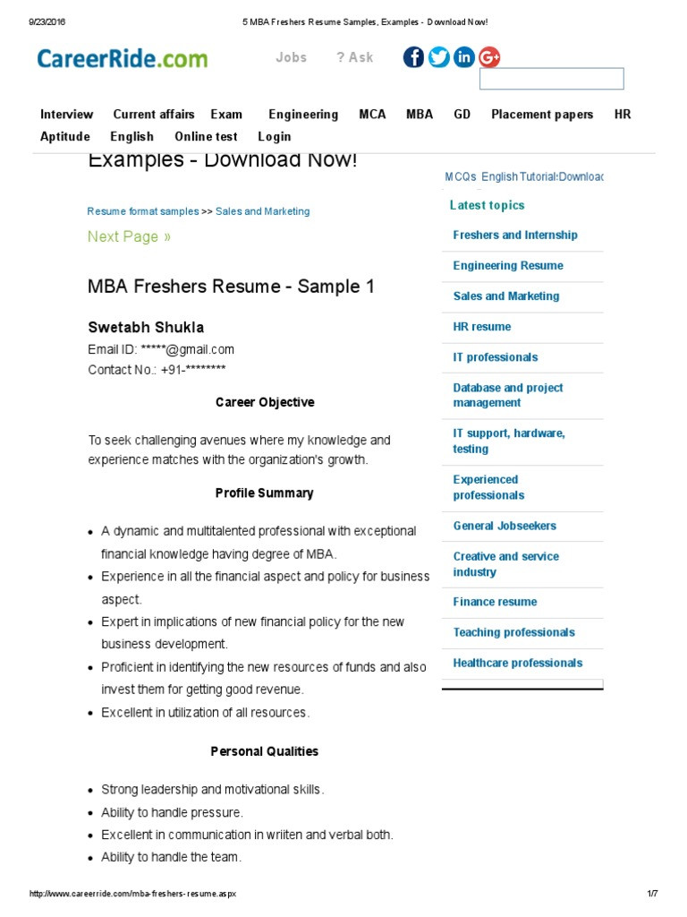 Latest Resume Samples for Mba Freshers 5 Mba Freshers Resume Samples, Examples – Download now! Pdf Pdf …