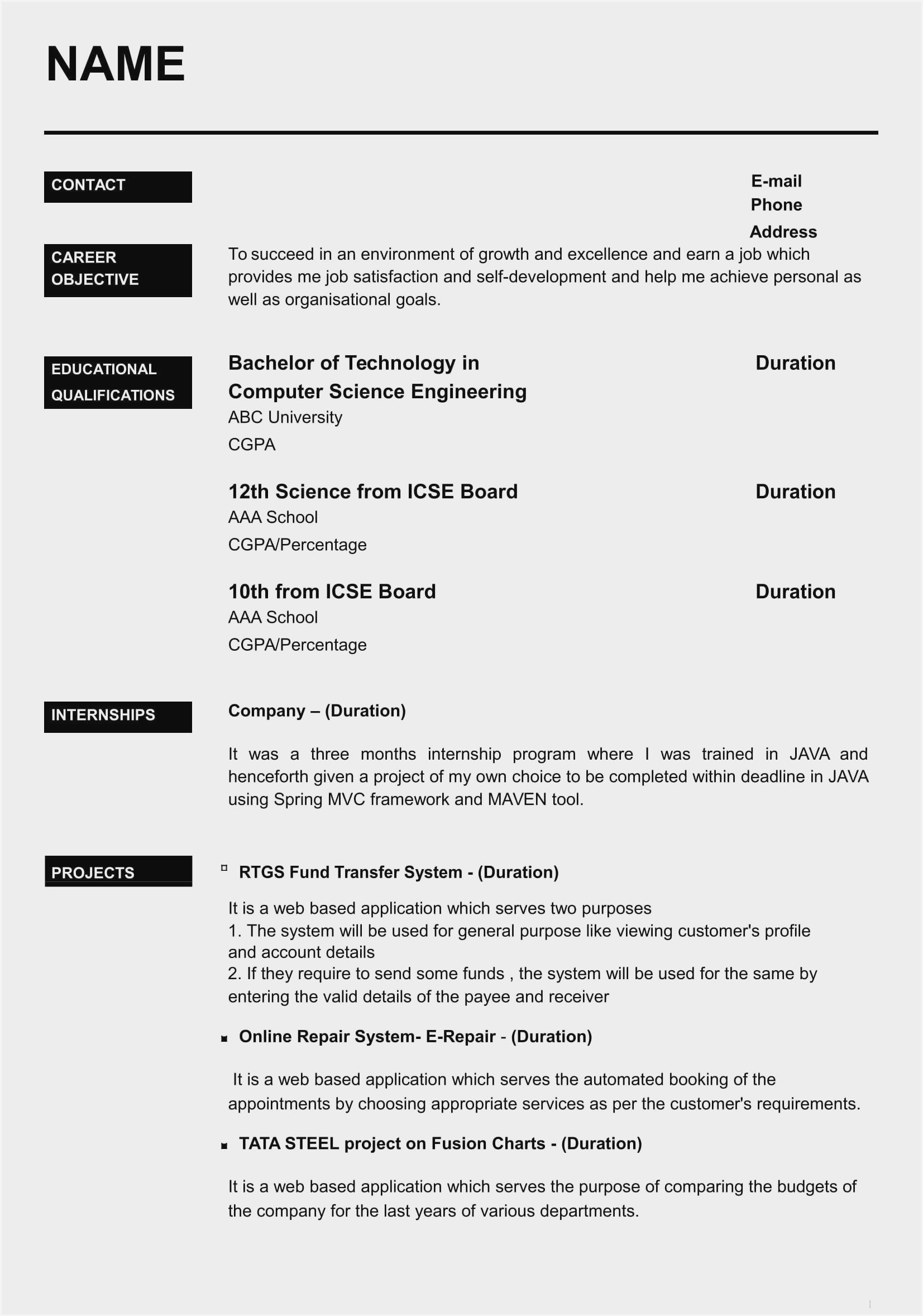 Latest Sample Resume format for Freshers Resume format Pdf Download for Freshers India Job Resume …