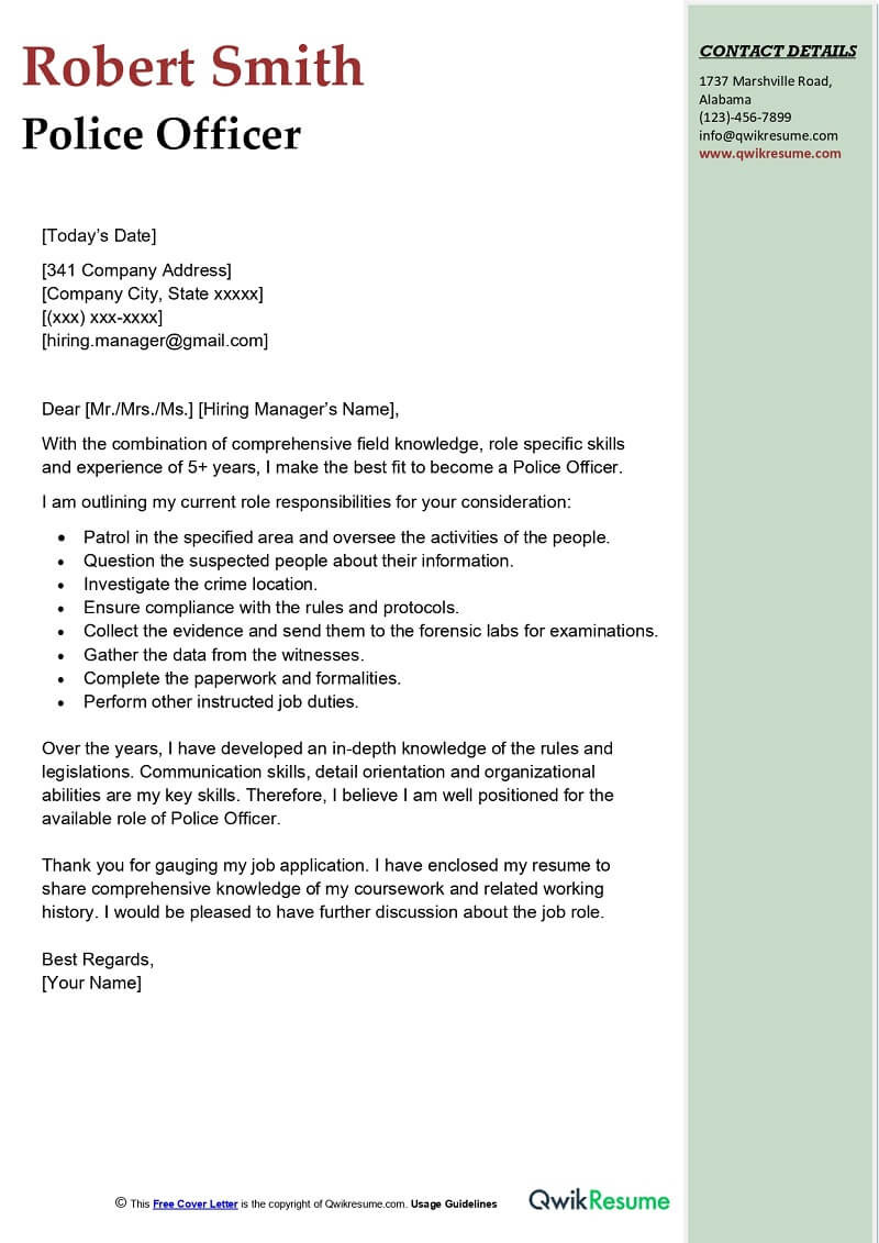Law Enforcement Resume Cover Letter Sample Police Officer Cover Letter Examples – Qwikresume