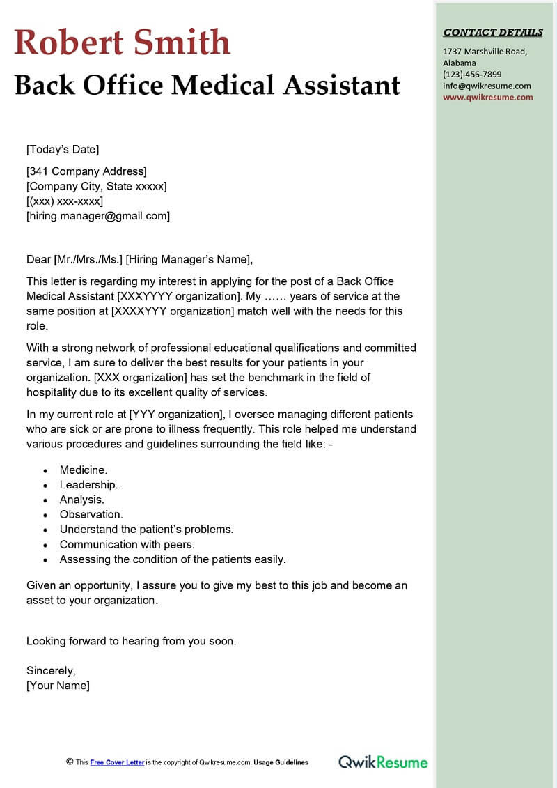 Medical assistant Back Office Resume Sample Back Office Medical assistant Cover Letter Examples – Qwikresume