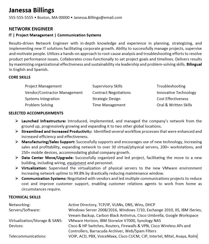 Network Voip Engineer Cucm Sample Resume Network Engineer Resume Sample Monster.com