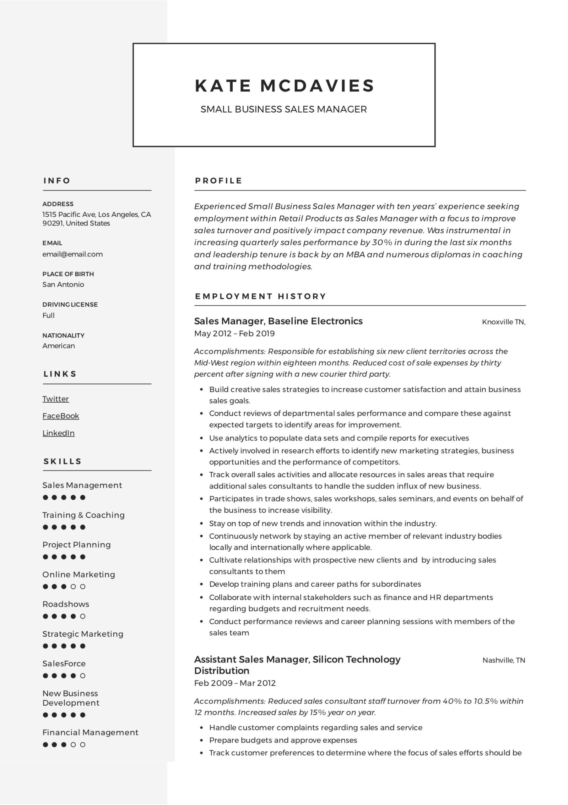 Outside Catering Sales Manager Resume Sample Guide: Small Business Sales Manager Resume [x12] Sample Pdf 2020