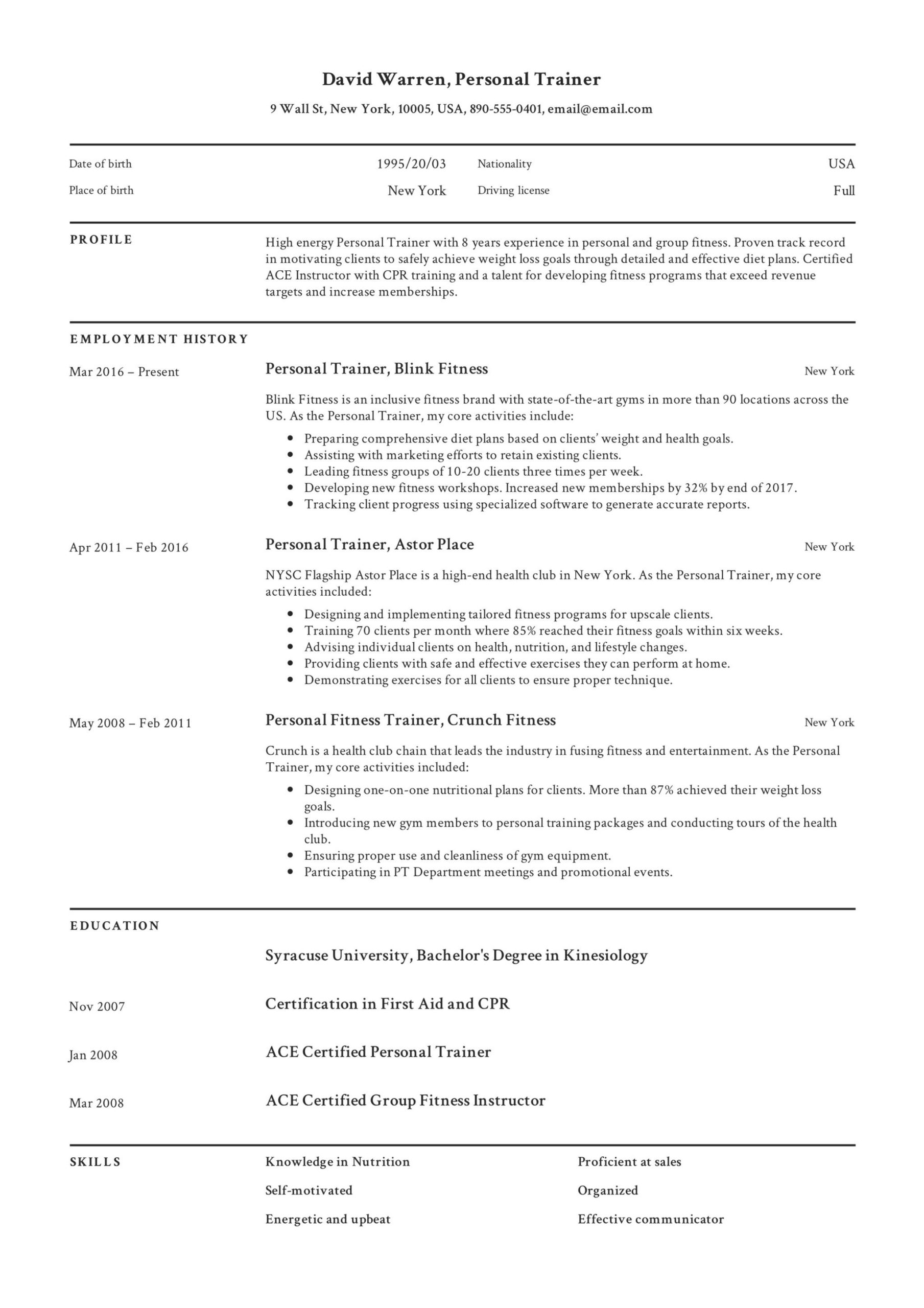 Professional Personal Fitness Trainer Sample Resumes Personal Trainer Resume & Guide   12 Resume Examples Pdf 2020