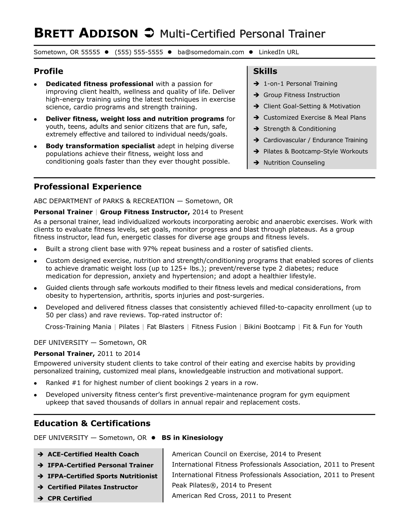 Professional Personal Fitness Trainer Sample Resumes Personal Trainer Resume Sample Monster.com