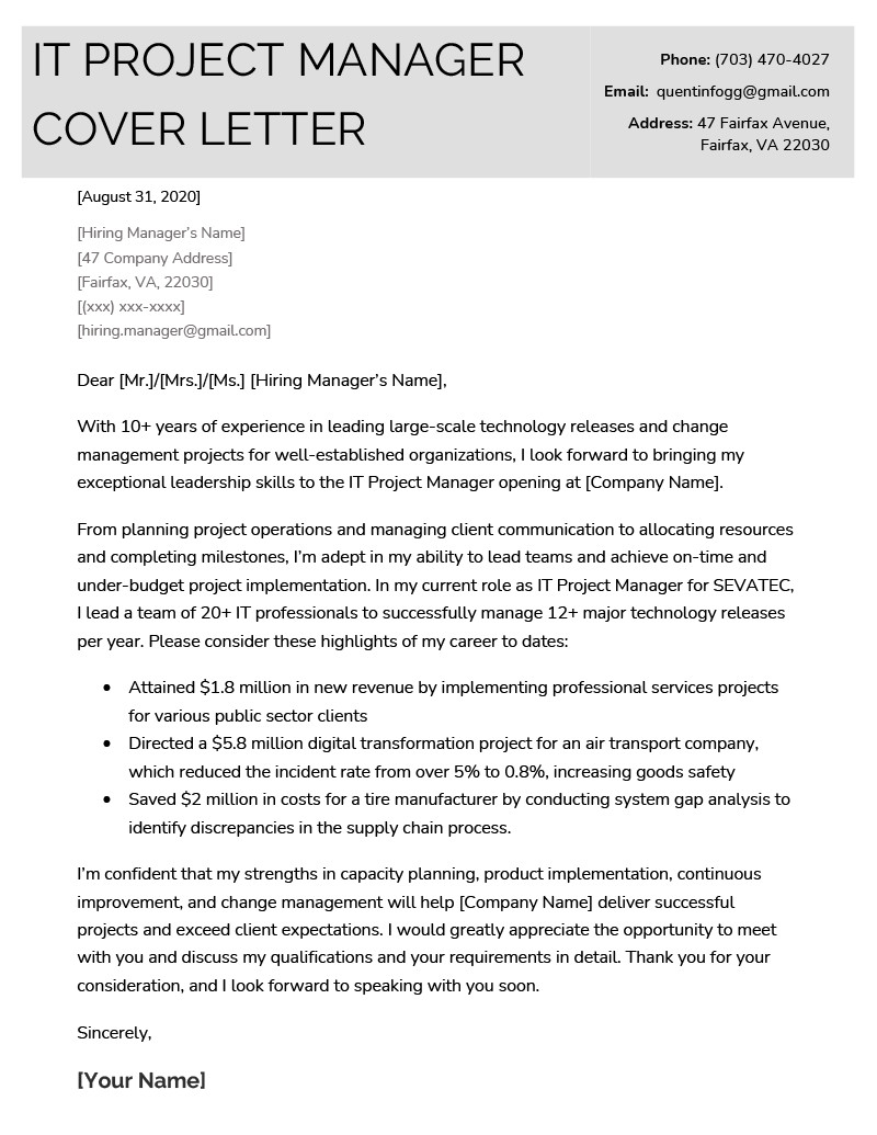 Program Manager Resume Cover Letter Samples It Project Manager Cover Letter Example