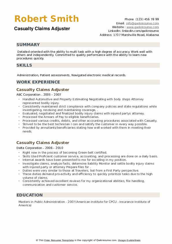 Property and Casualty Insurance Resume Samples Casualty Claims Adjuster Resume Samples