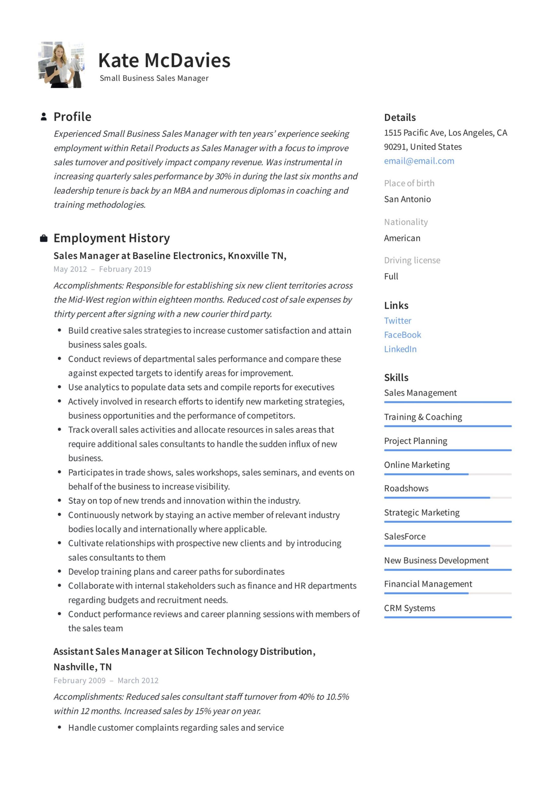 Regional Sales Manager who Manages Team Members Resume Sample Guide: Small Business Sales Manager Resume [x12] Sample Pdf 2020