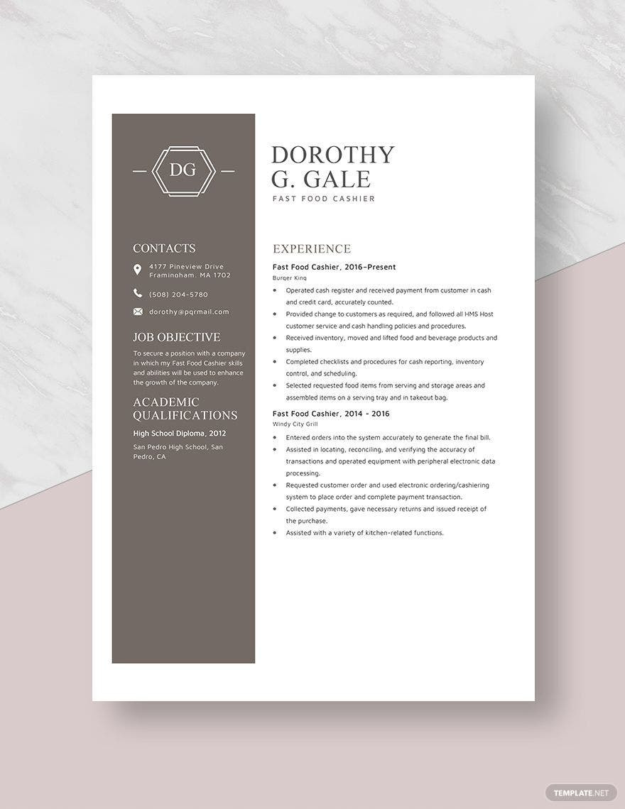 Resume Sample for Cashier In Fast Food Fast Food Cashier Resume Template – Word, Apple Pages Template.net