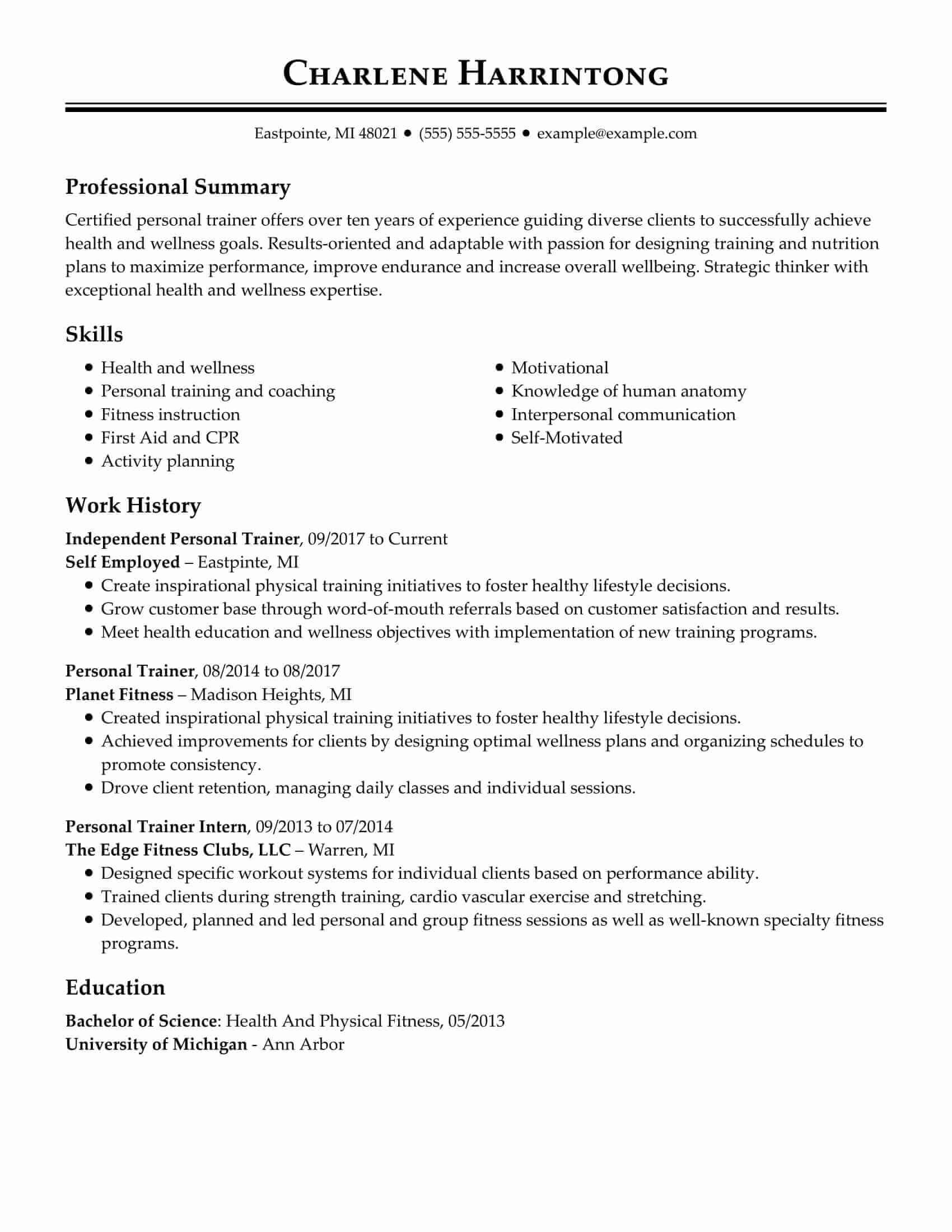 Resume Sample for Change In Career From Psychology to Nutrition Personal Trainer Free Resume Templates   How-to Guide