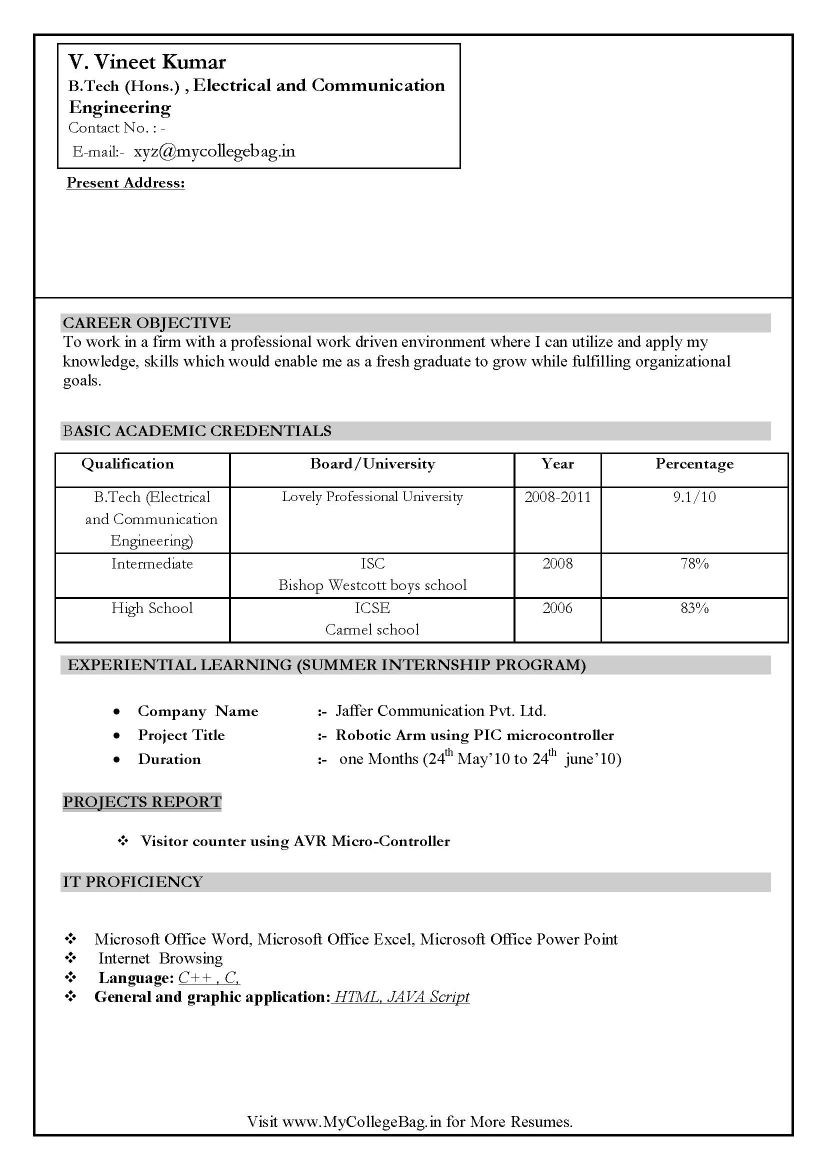 Resume Samples for Ece Engineers Freshers Sample Resume for Be Ece Passed Candidates – 2022 2023 Eduvark