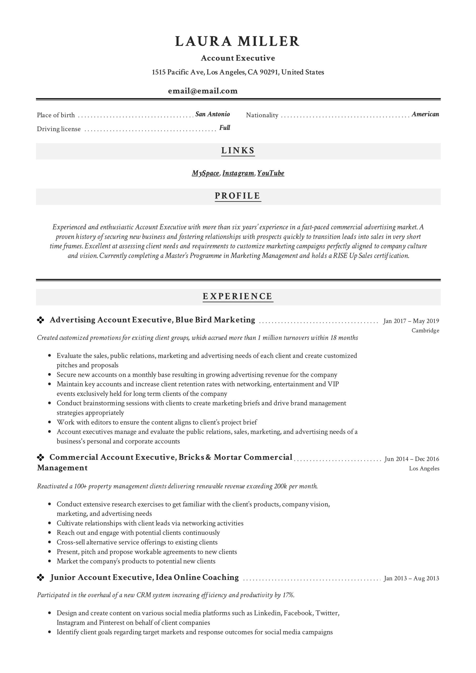 Sample Account Executive for Advertising Agency Resume Account Executive Resume & Guide 18 Templates 2022
