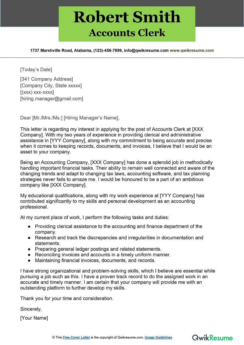 Sample Accounting Clerk Resume Cover Letter Accounts Clerk Cover Letter Examples – Qwikresume
