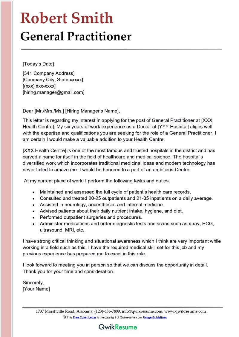 Sample Cover Letter for Physician Resume General Practitioner Cover Letter Examples – Qwikresume