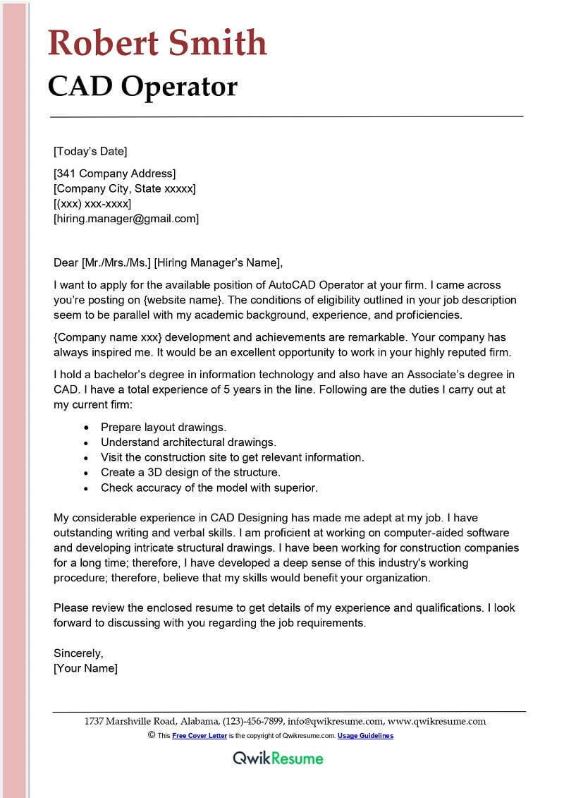 Sample Cover Letter for Resume Autocad Cad Operator Cover Letter Examples – Qwikresume