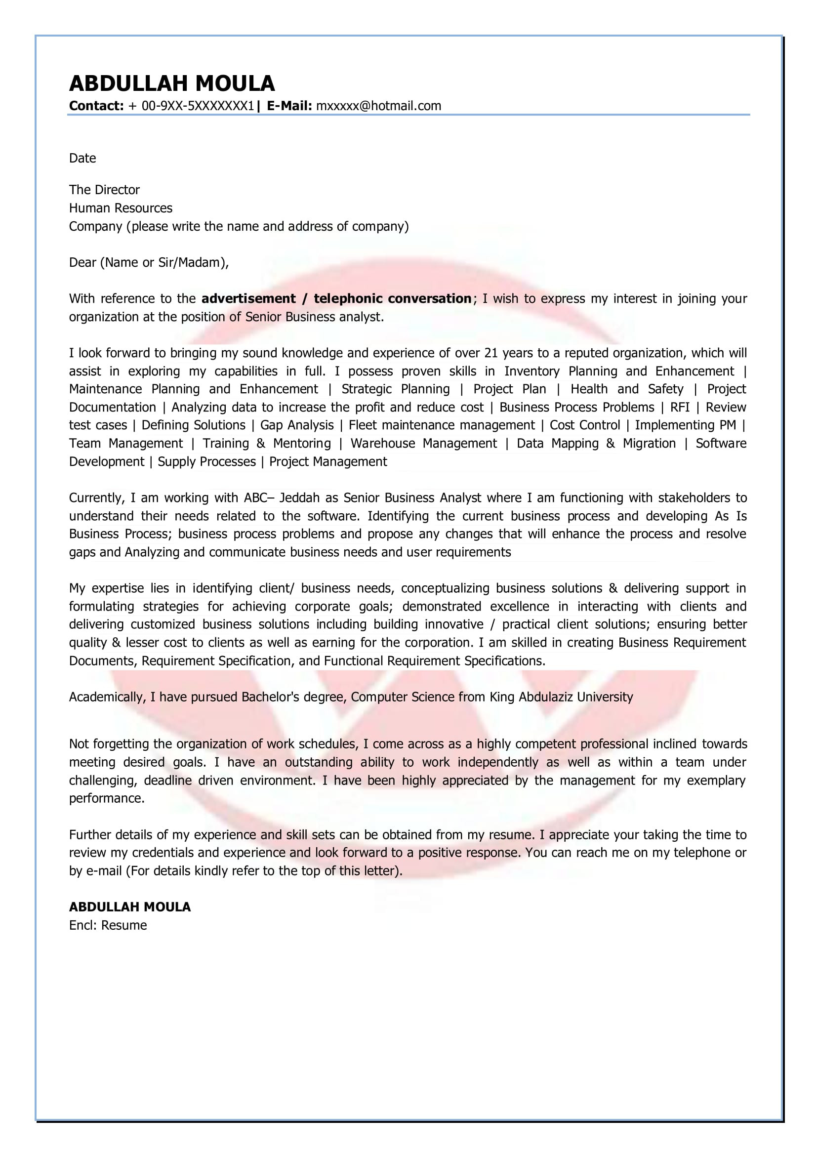 Sample Cover Letter for Resume Business Analyst Business Analyst Sample Cover Letter format, Download Cover Letter …