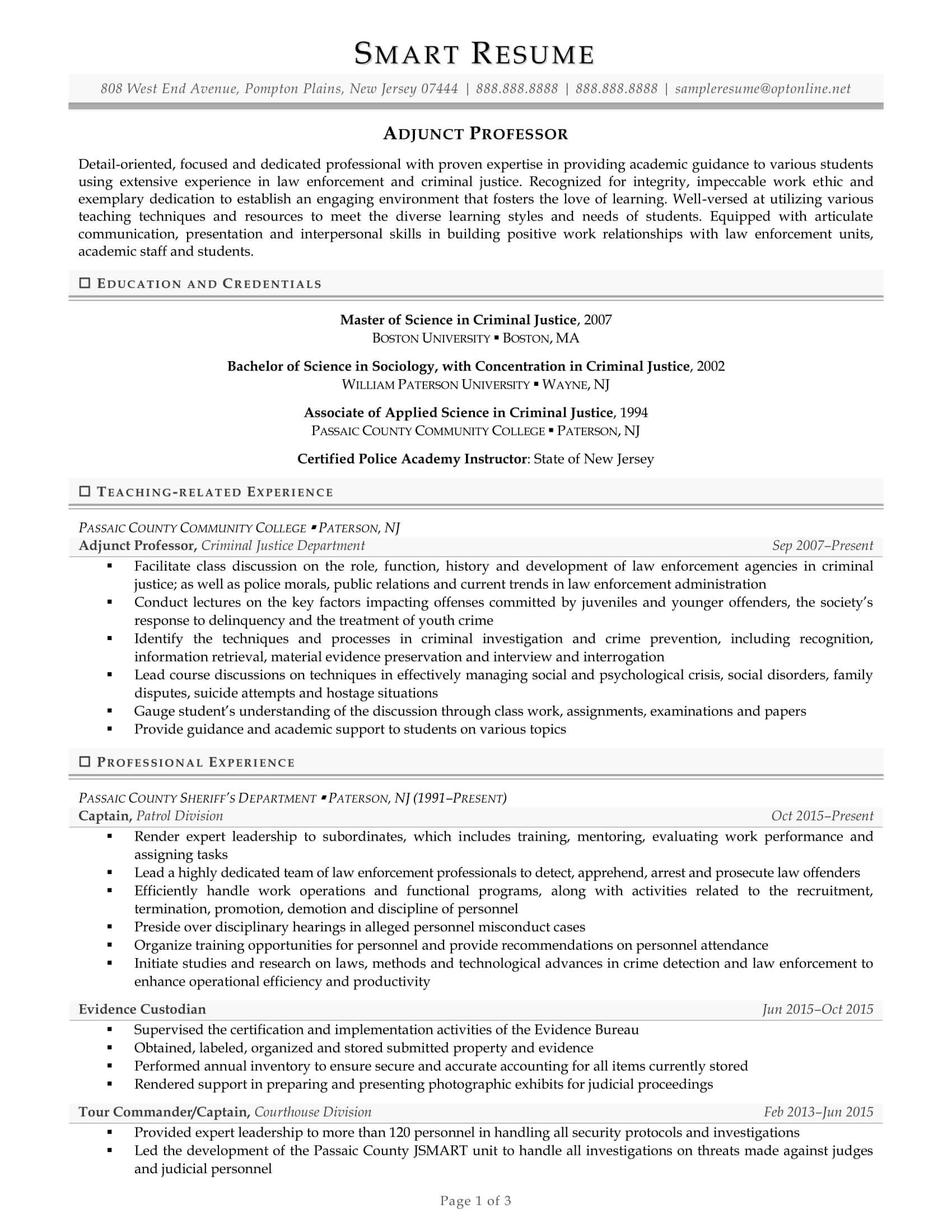 Sample Of A Faculty Adjunct Resume Resume Examples Smart Resume Services