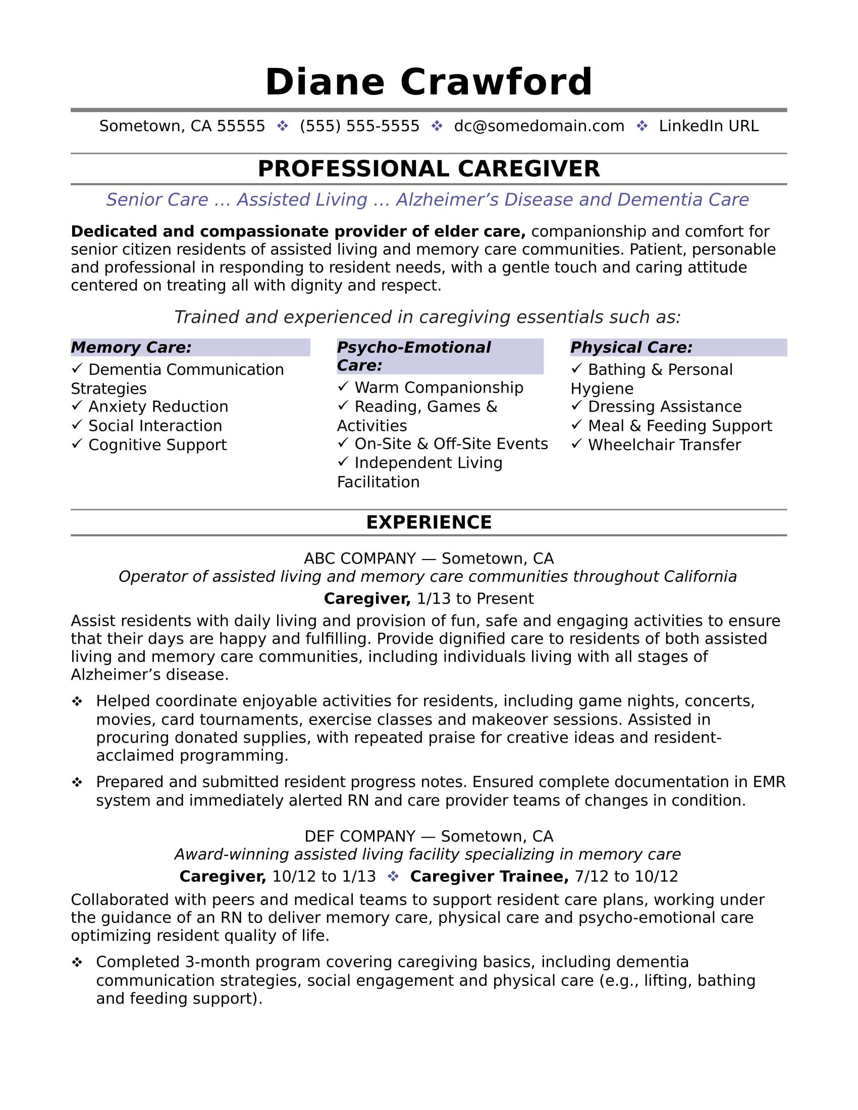 Sample Of Home assited Living Resume Caregiver Resume Monster.com