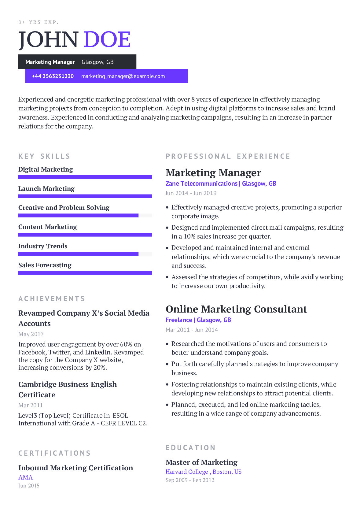 Sample Resume Achievement for Marketing Manager Marketing Manager Resume Example with Pre-written Content Craftmycv