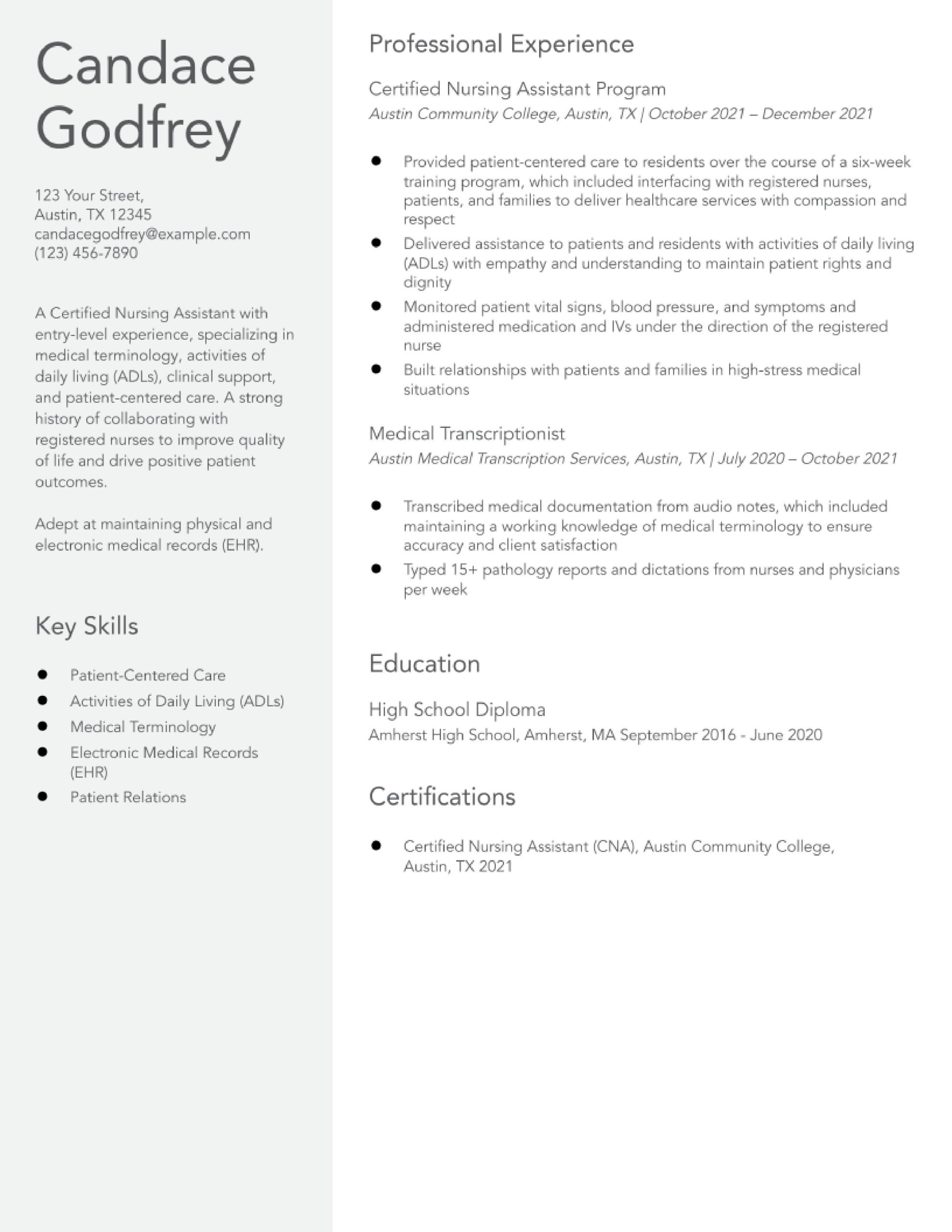 Sample Resume Entry Level Certified Nursing assistant Certified Nursing assistant (no Experience) Resume Examples In … Sample Resume Entry Level Certified Nursing assistant Certified Nursing assistant (no Experience) Resume Examples In …