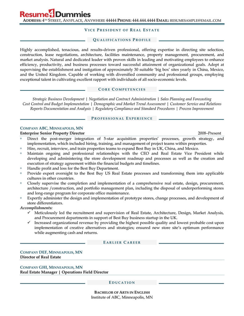 Sample Resume for A Vice President Position Vice President Of Real Estate Resume Example Resume4dummies