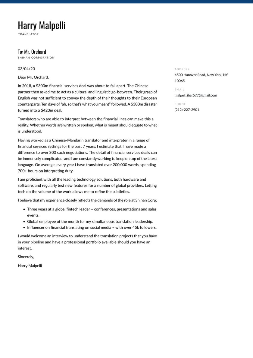 Sample Resume for A Video Game Translator Translator Cover Letter Example & Writing Guide Â· Resume.io