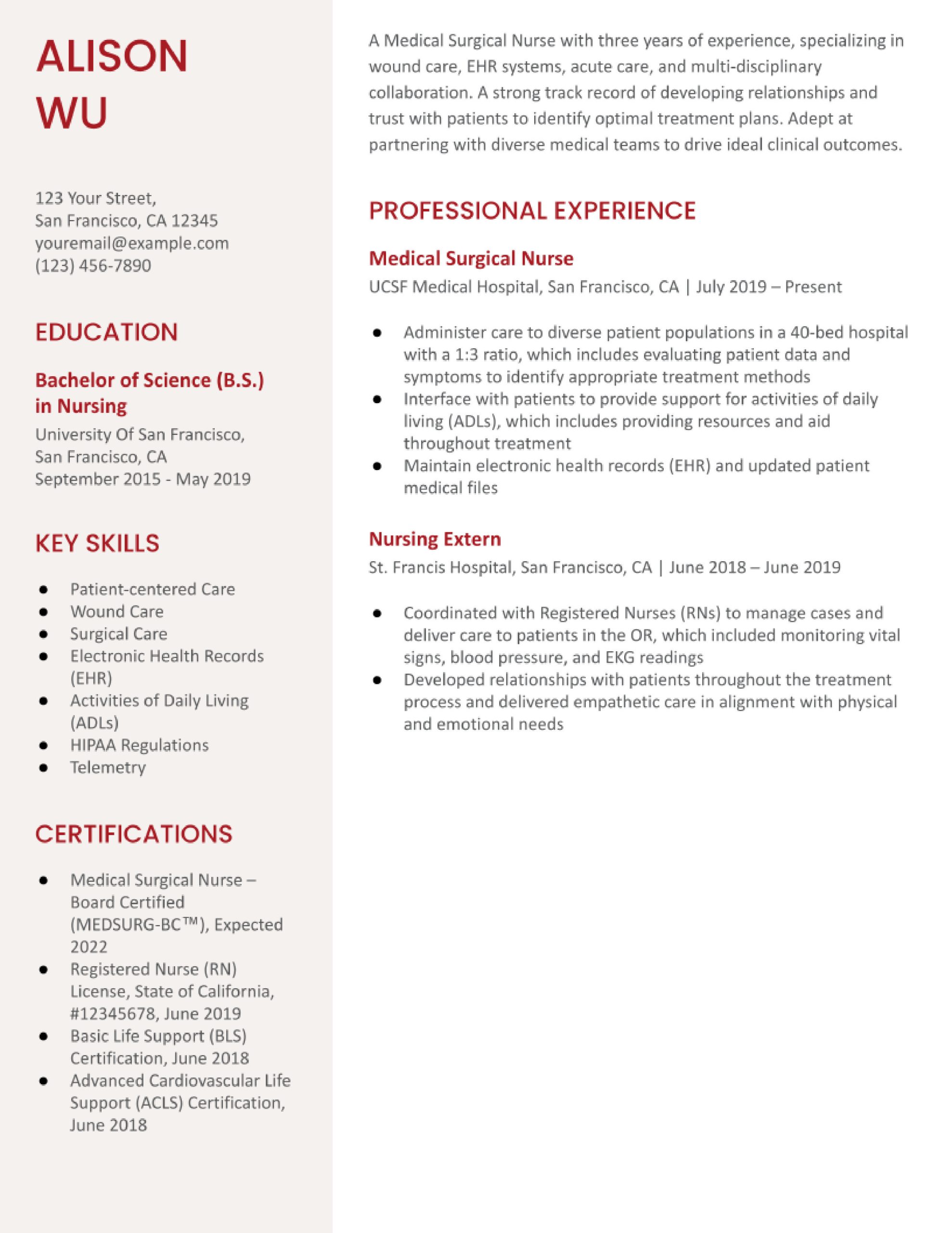 Sample Resume for Bsn Nurse Med Surgical Medical Surgical Nurse Resume Examples In 2022 – Resumebuilder.com