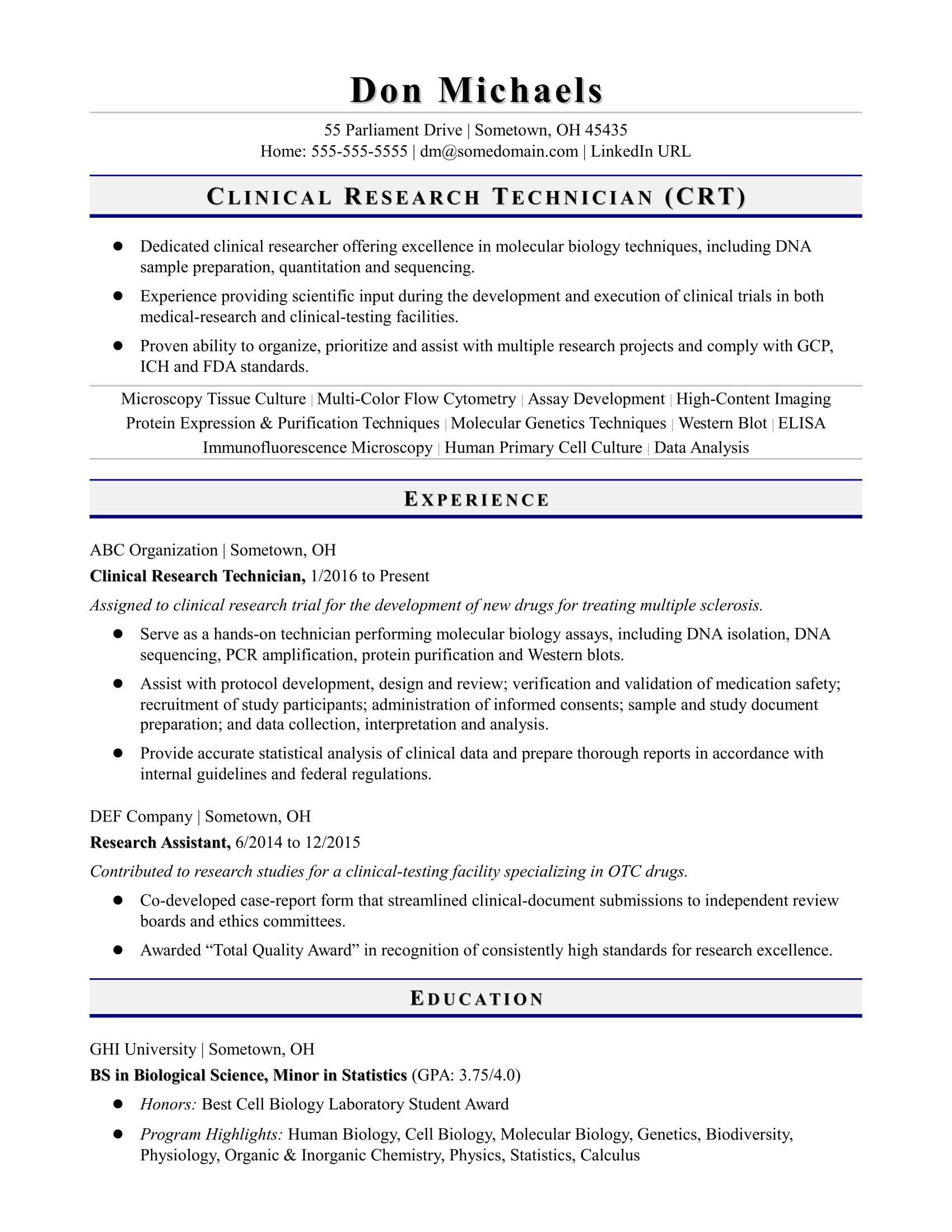 Sample Resume for Experience Research Scientist Entry-level Research Technician Resume Sample Monster.com