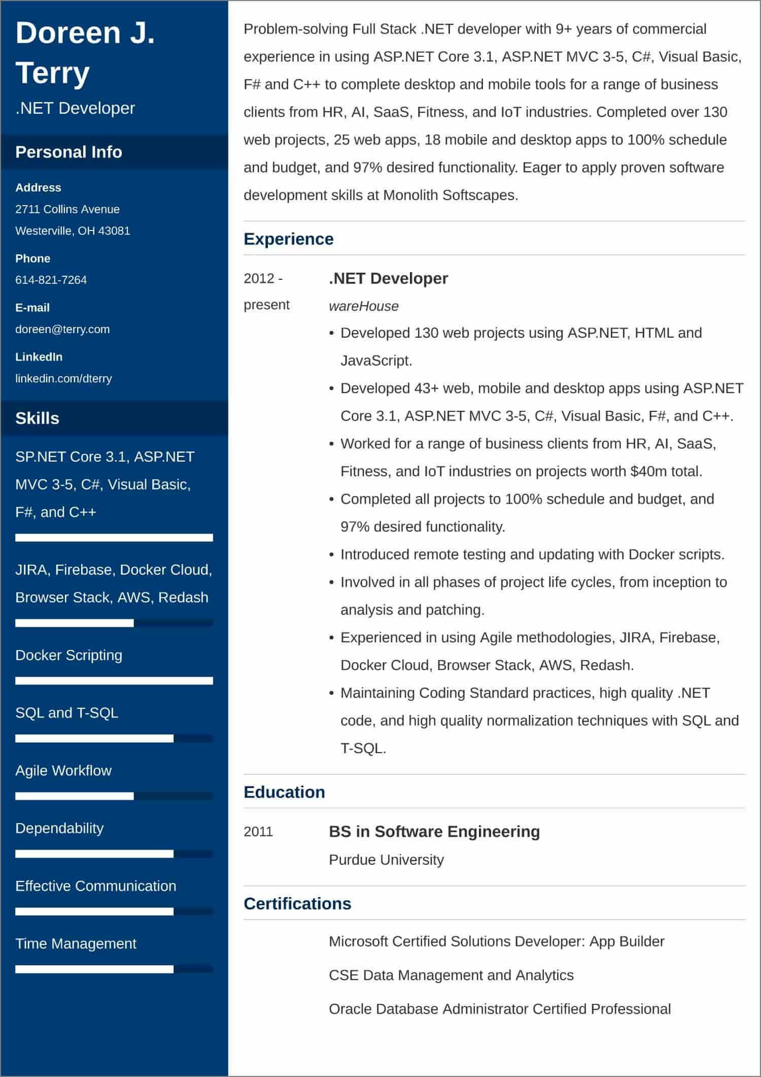 Sample Resume for Experienced asp.net Developer Net Developer Cvâsample and 25lancarrezekiq Writing Tips