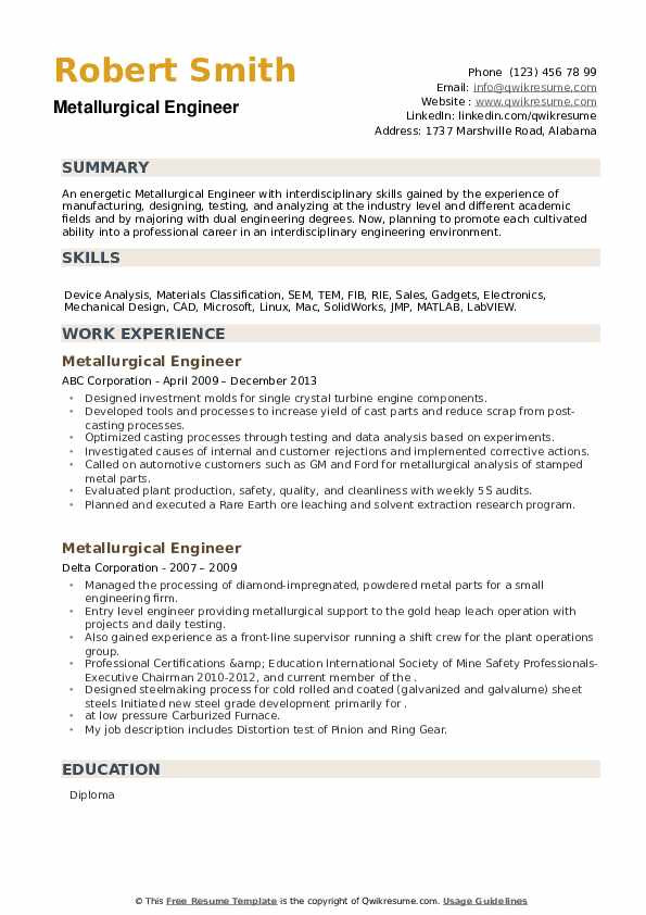 Sample Resume for Experienced Metallurgical Engineer Metallurgical Engineer Resume Samples
