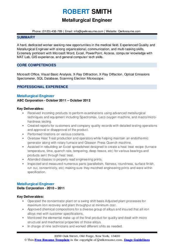 Sample Resume for Experienced Metallurgical Engineer Metallurgical Engineer Resume Samples