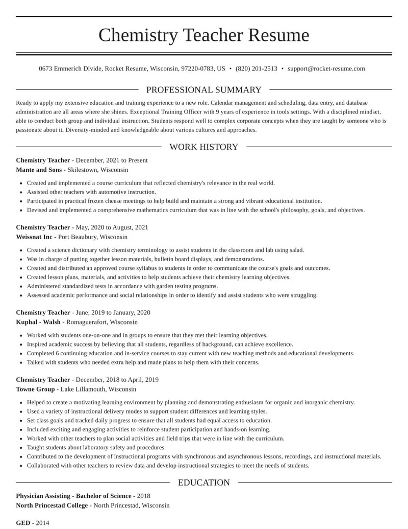 Sample Resume for High School Chemistry Teacher Chemistry Teacher Resume Editor & Example Rocket Resume