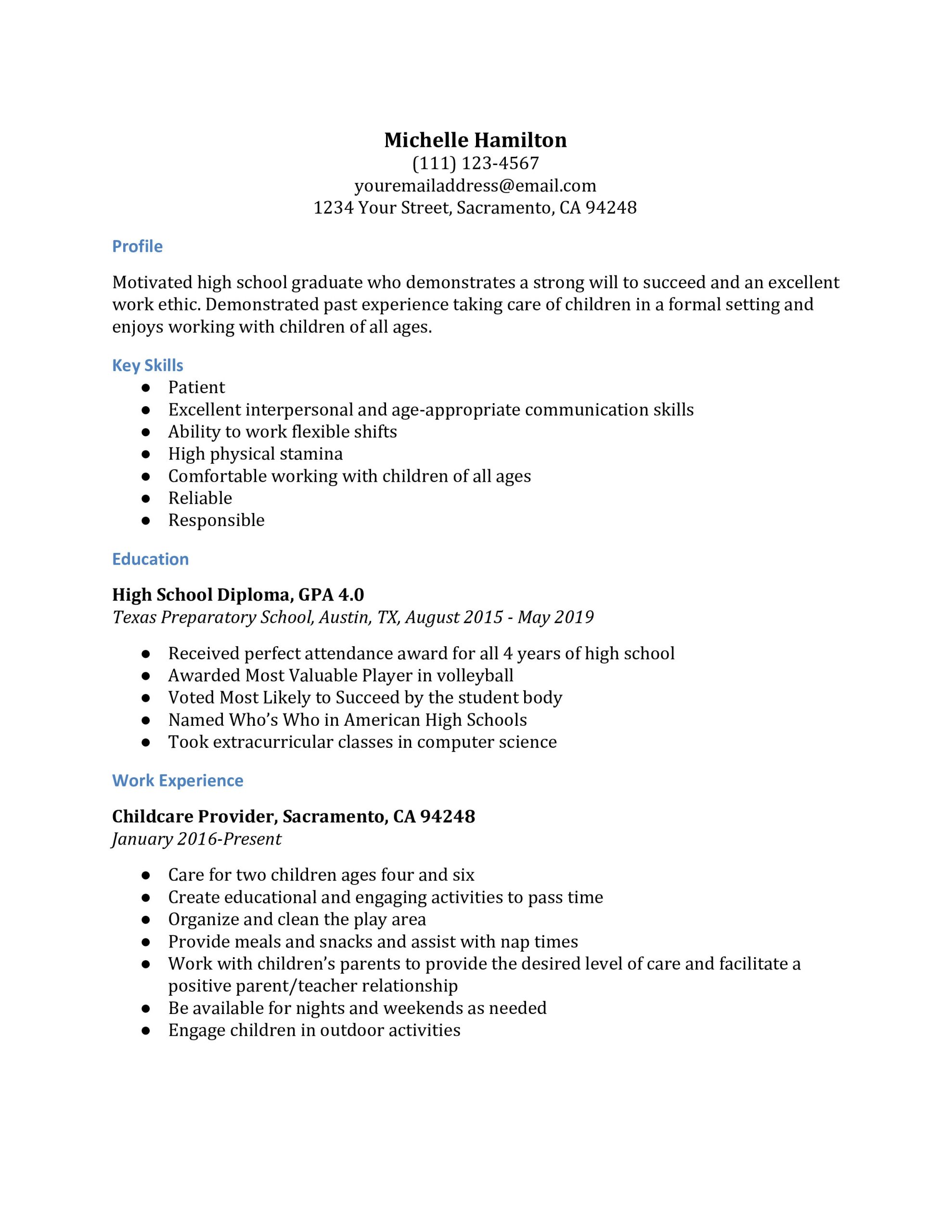 Sample Resume for High School Graduate with Little Experience High School Resume Examples – Resumebuilder.com