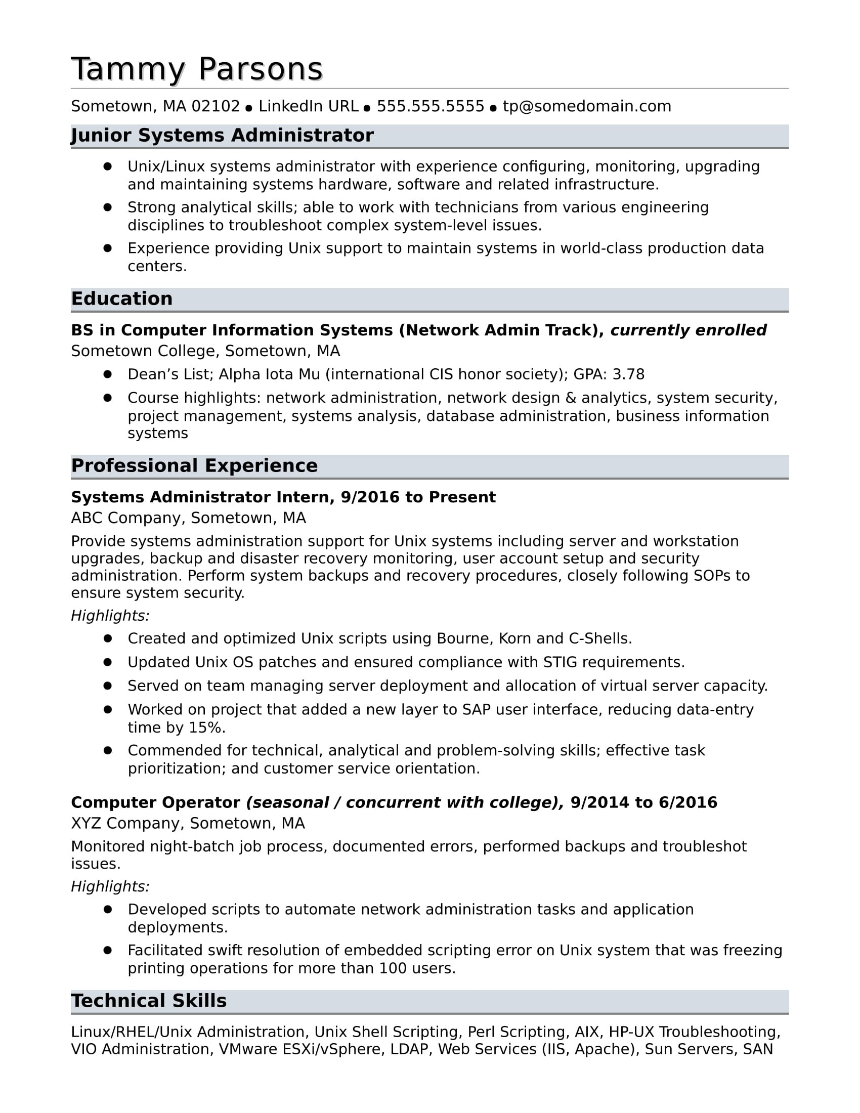 Sample Resume for Junior System Administrator Entry-level Systems Administrator Resume Sample Monster.com