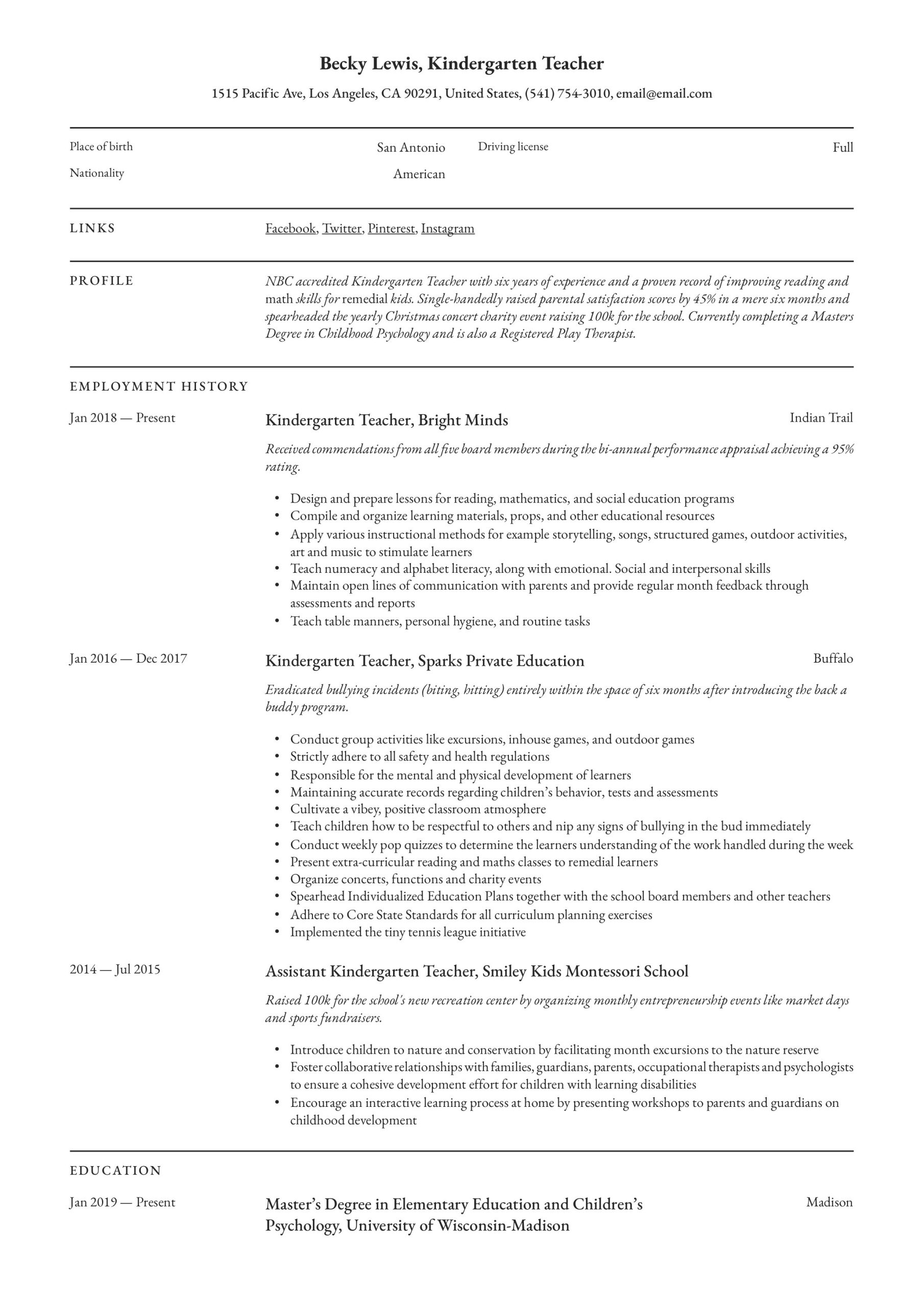 Sample Resume for Kindergarten Teacher Malaysia Kindergarten Teacher Resume & Writing Guide  12 Examples 2020