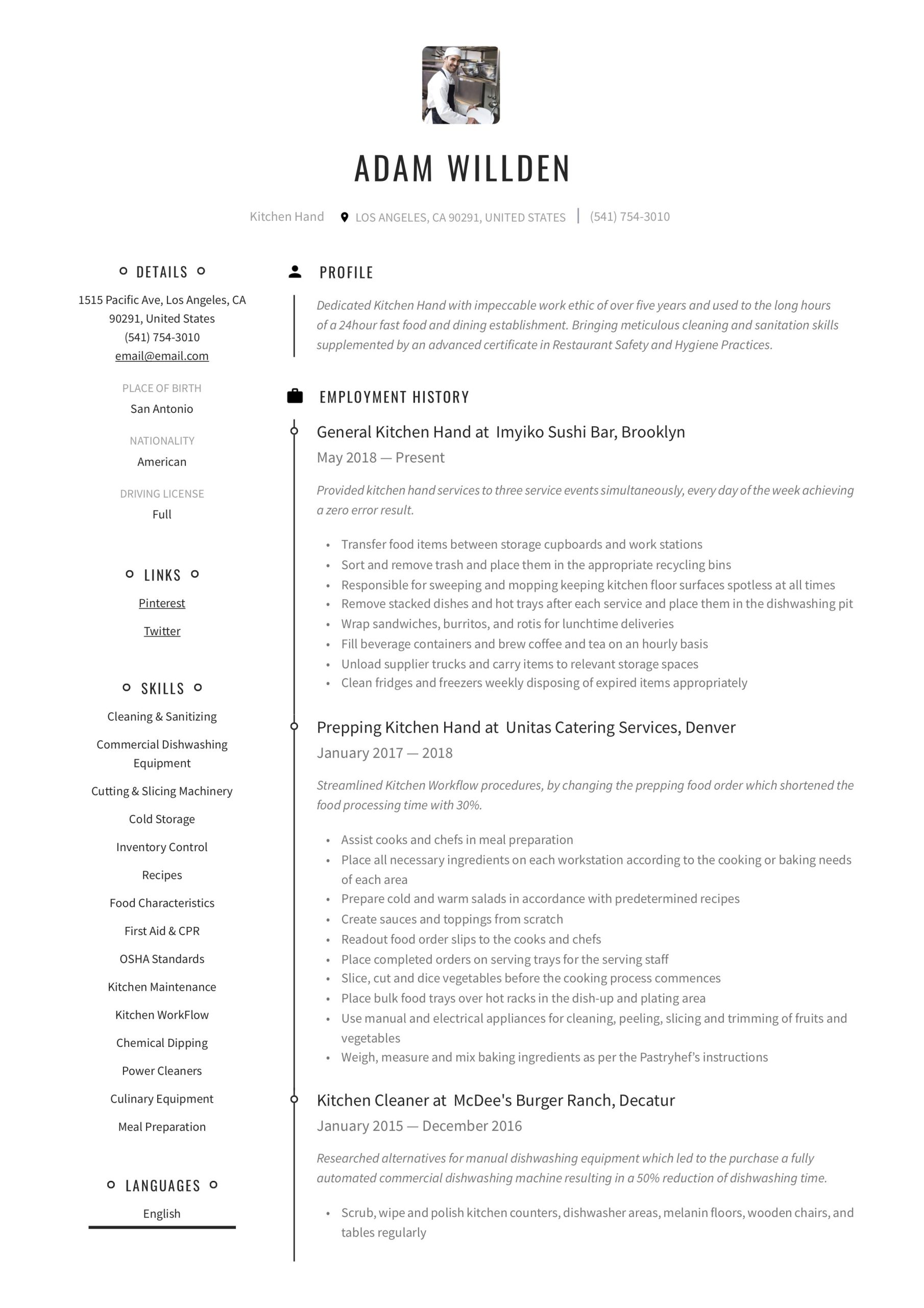Sample Resume for Kitchen Staff without Experience Kitchen Hand Resume & Writing Guide  12 Free Templates 2020