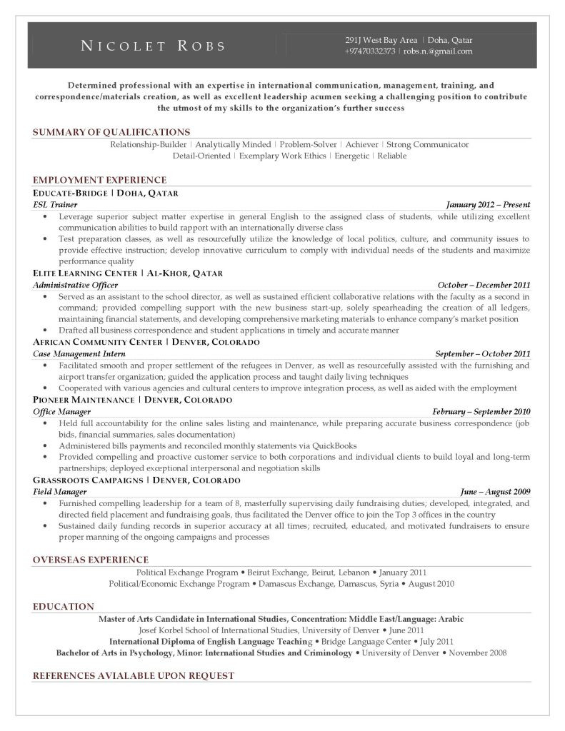 Sample Resume for L1b Visa Application Samples – Resumethatworks.com
