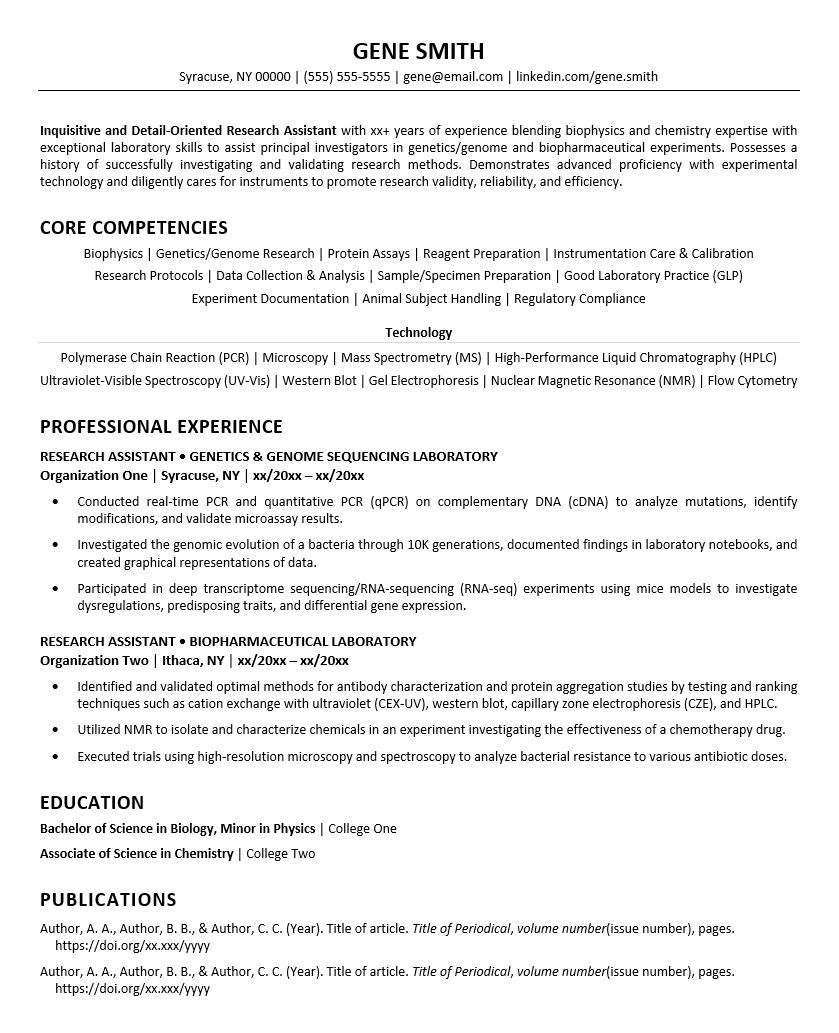 Sample Resume for Lab Research assitant Research assistant Resume Monster.com