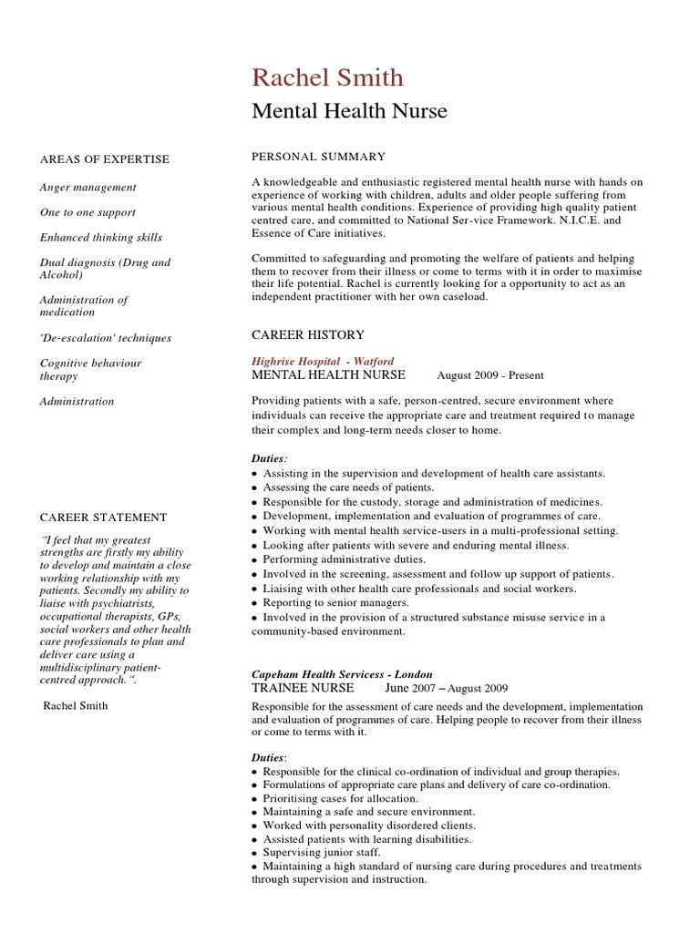 Sample Resume for Psychiatric Long Term Care Nurse Mental Health Nurse Cv Pdf Health Care Nursing