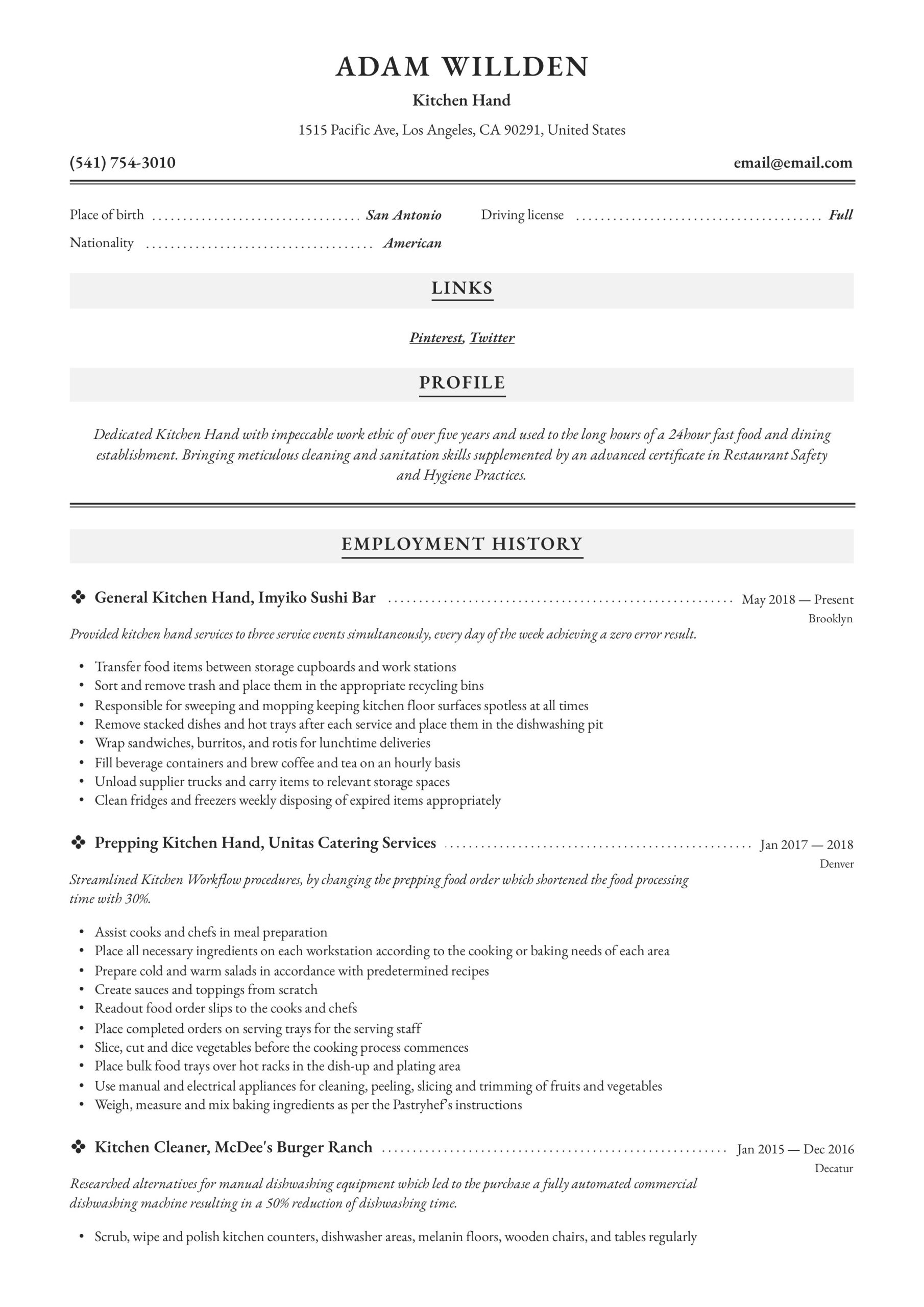 Sample Resume for Restaurant Kitchen Hand Kitchen Hand Resume – Derel