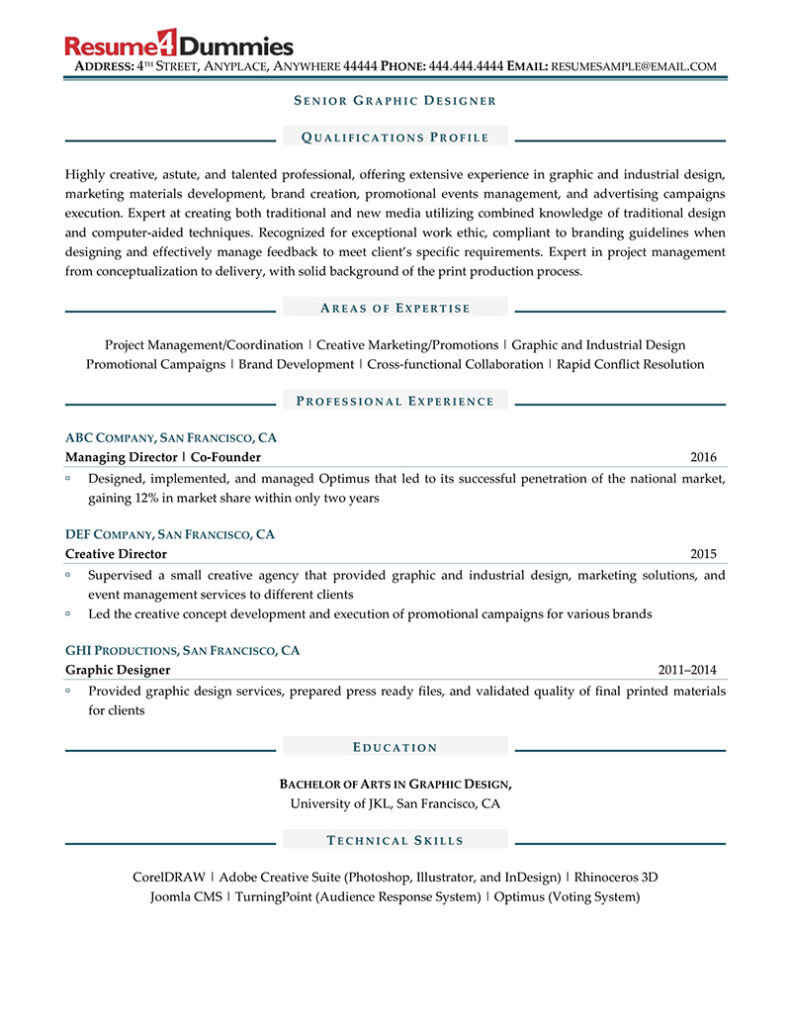 Sample Resume for Senior Graphic Designer Senior Graphic Designer Resume Example Resume4dummies