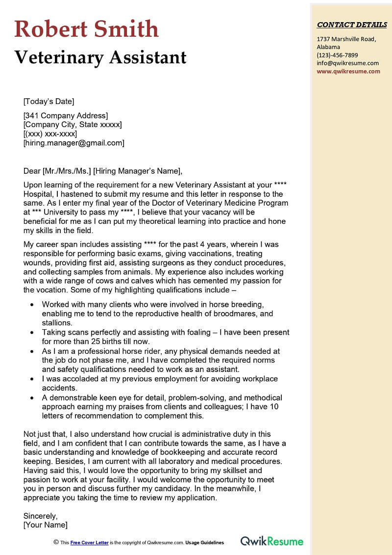 Sample Resume for Veterinary assistant with No Experience Veterinary assistant Cover Letter Examples – Qwikresume